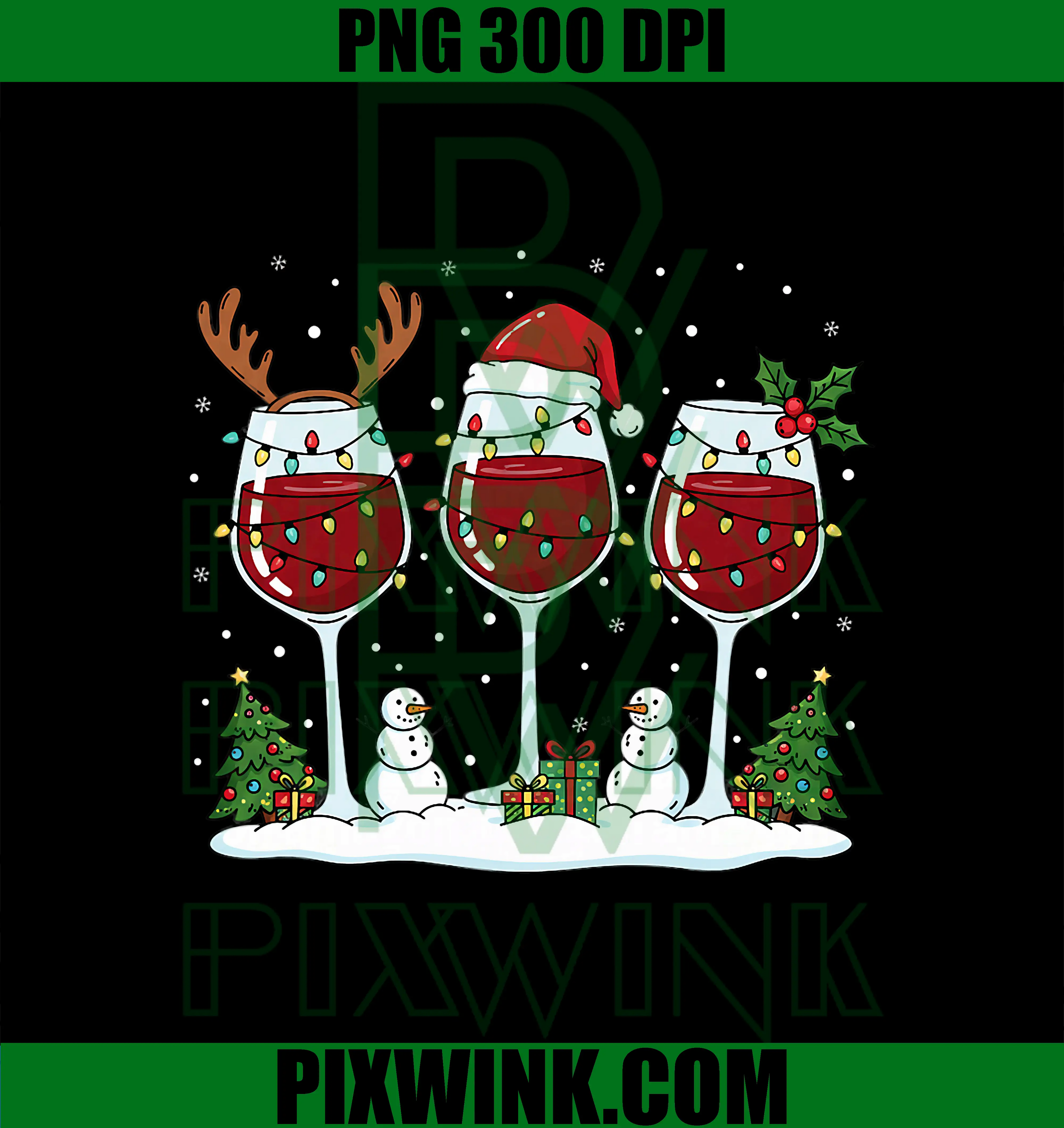 Christmas Wine Trio Santa PNG, Reindeer Holly Lights Xmas PNG