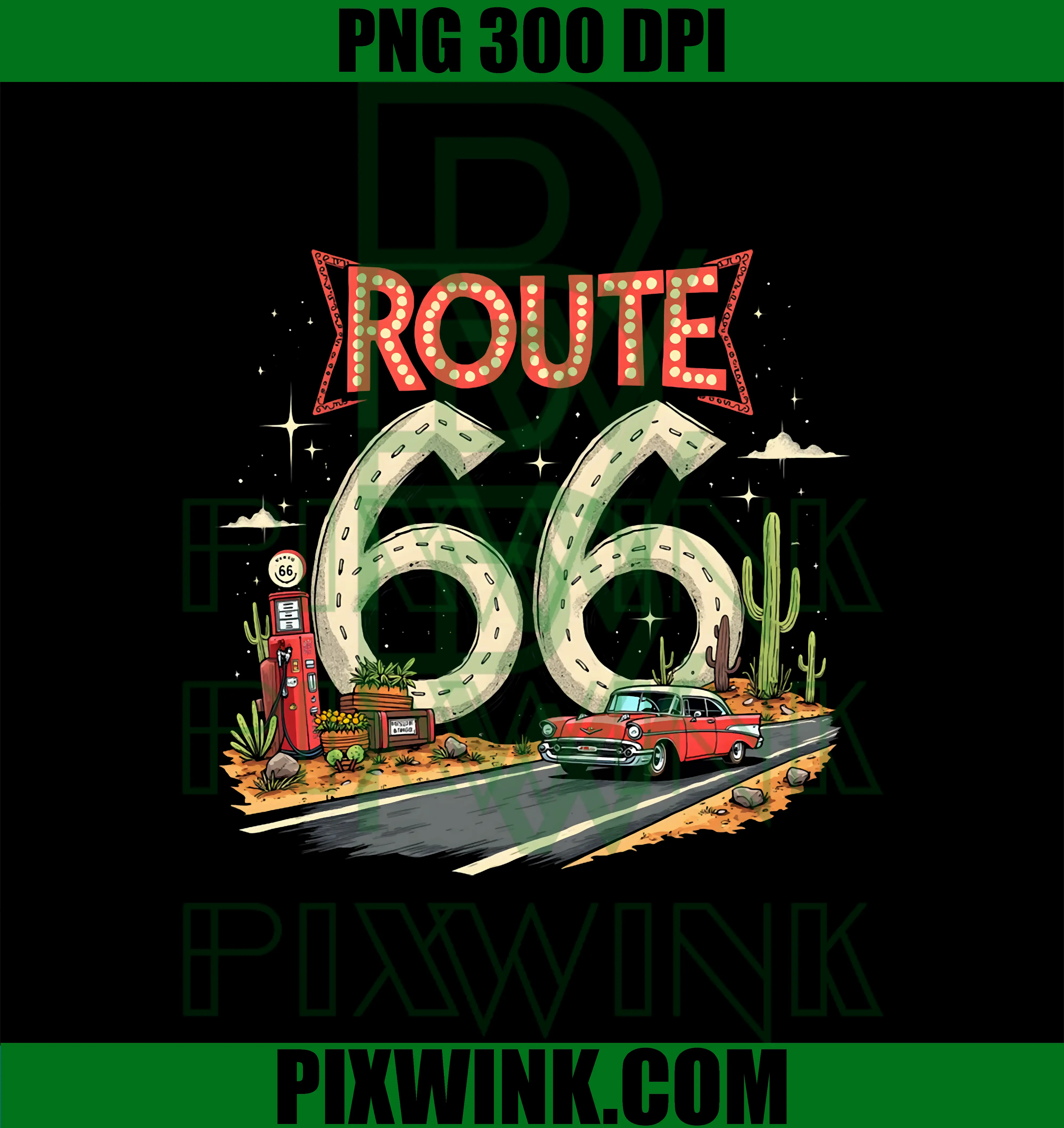 Classic Retro Route 66 PNG, Desert Scene with Red Vintage Car PNG