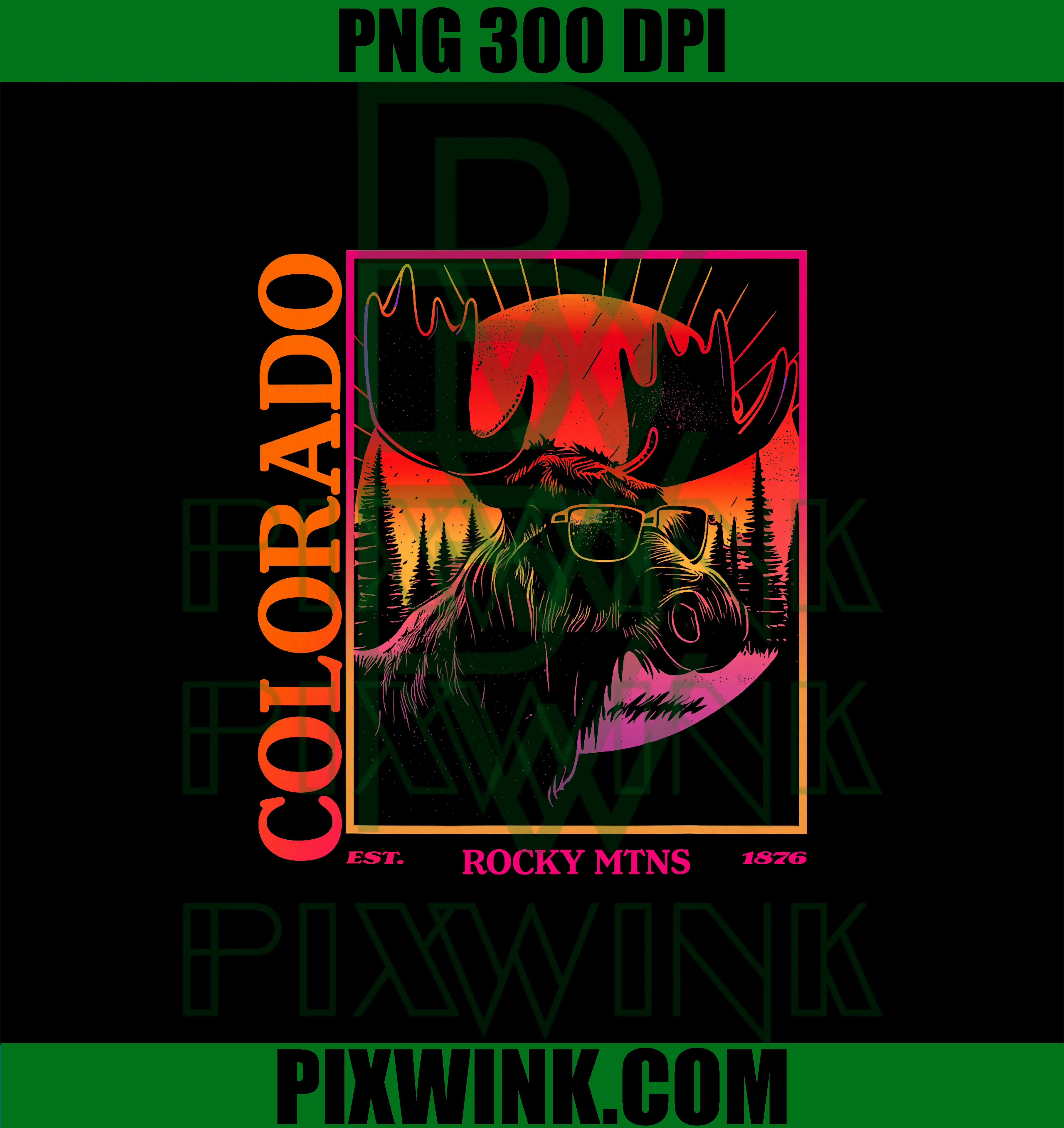 Colorado Mountain Moose PNG, Retro Vintage 80s Elk Colorado PNG
