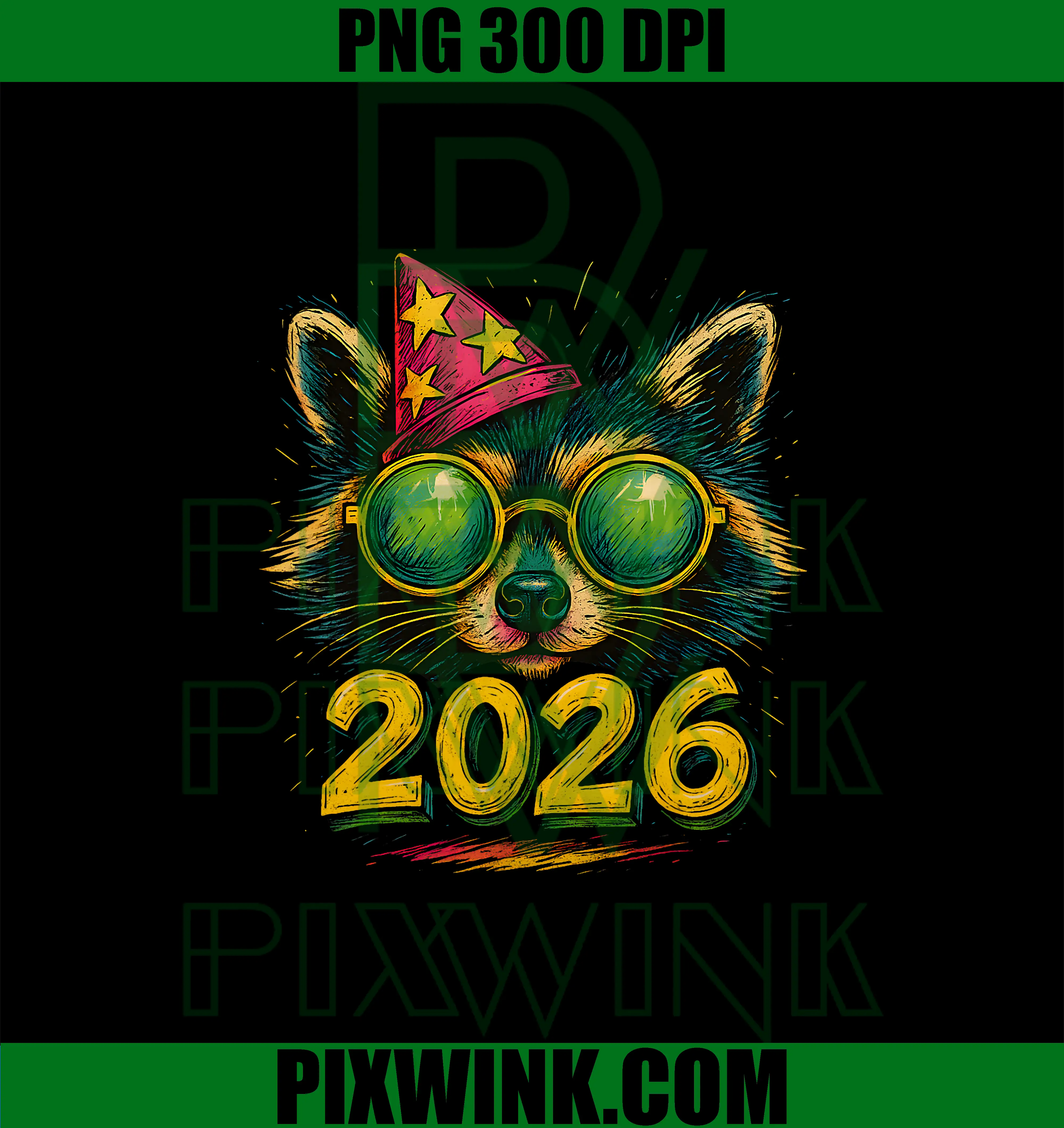 Cool Raccoon 2026 Party PNG, Animal Retro New Year Design PNG