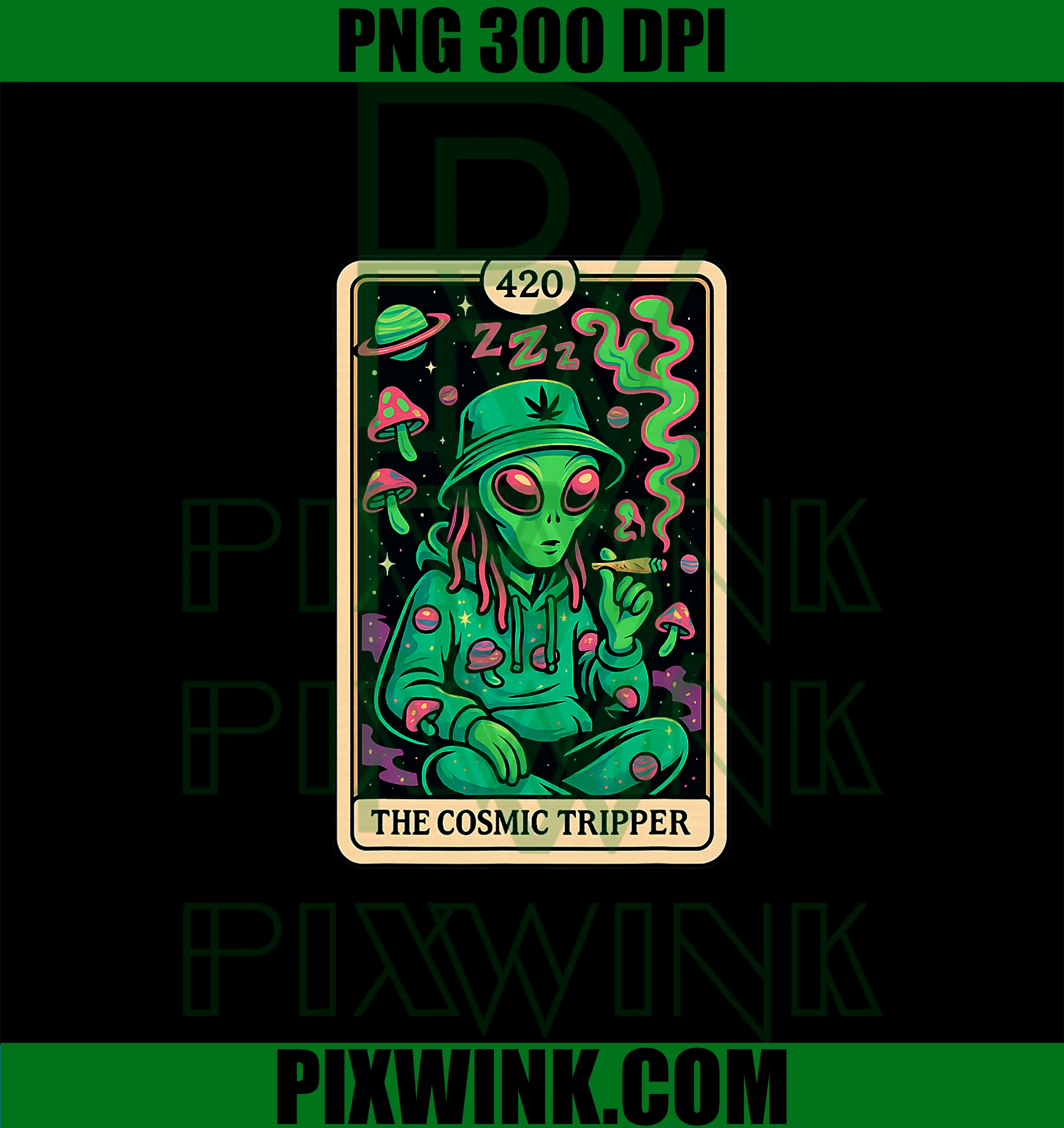 Cosmic Tripper Alien 420 PNG, Stoner Psychedelic Weed Space Vibe PNG