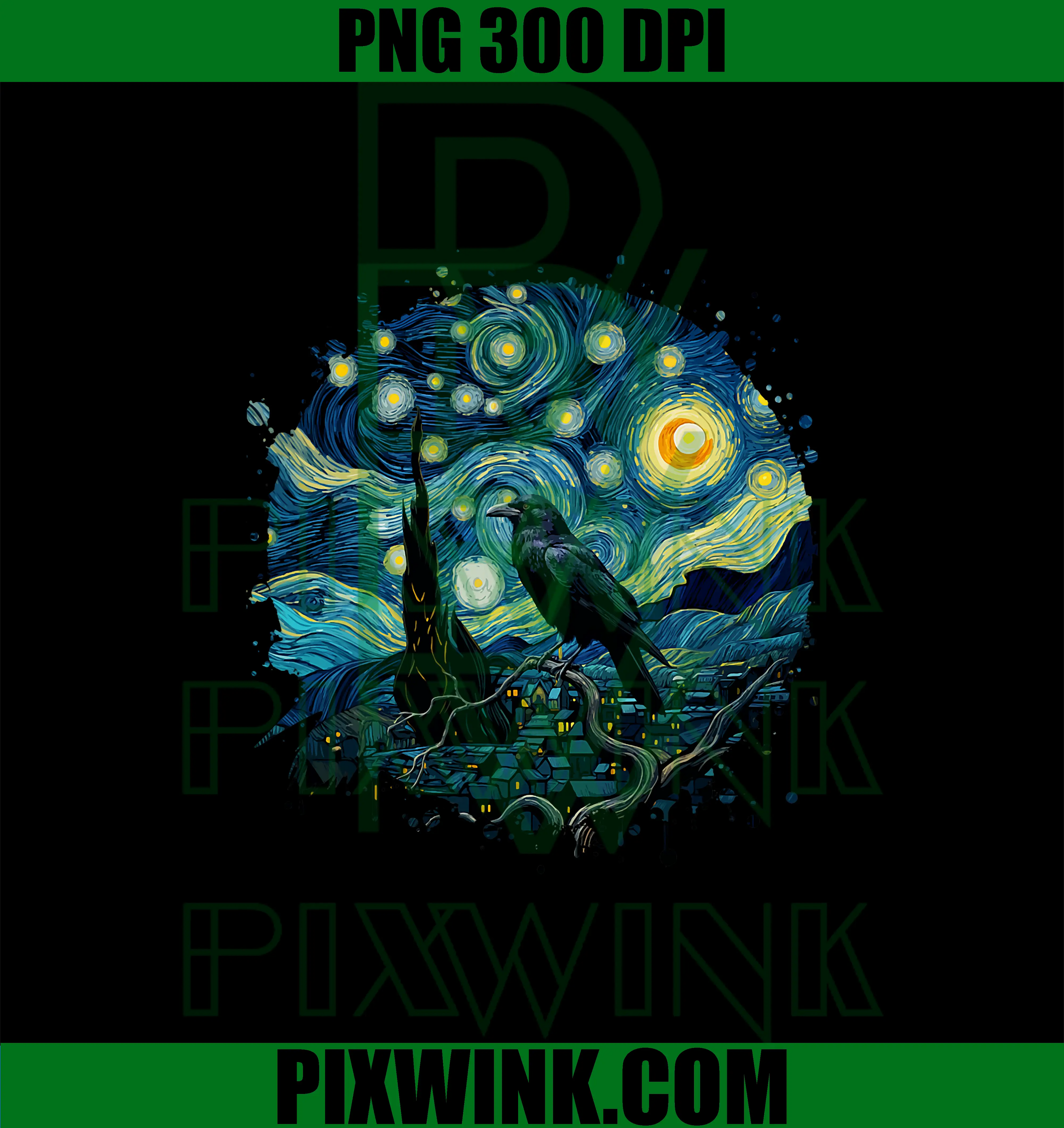 Crow in Starry Night Style Van Gogh PNG, Painting Raven PNG