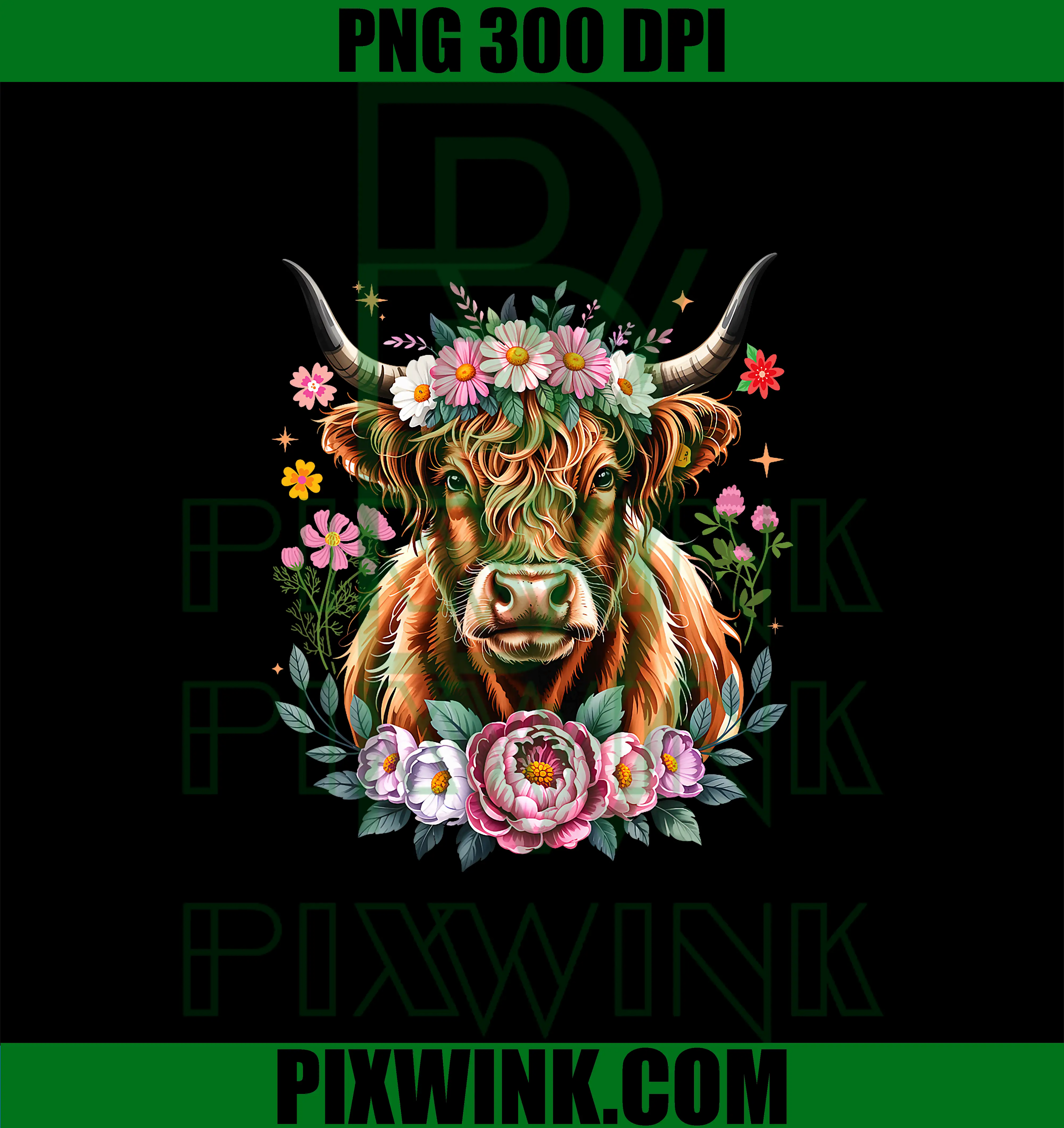 Cute Baby Highland Cow with Flowers PNG, Calf Animal PNG