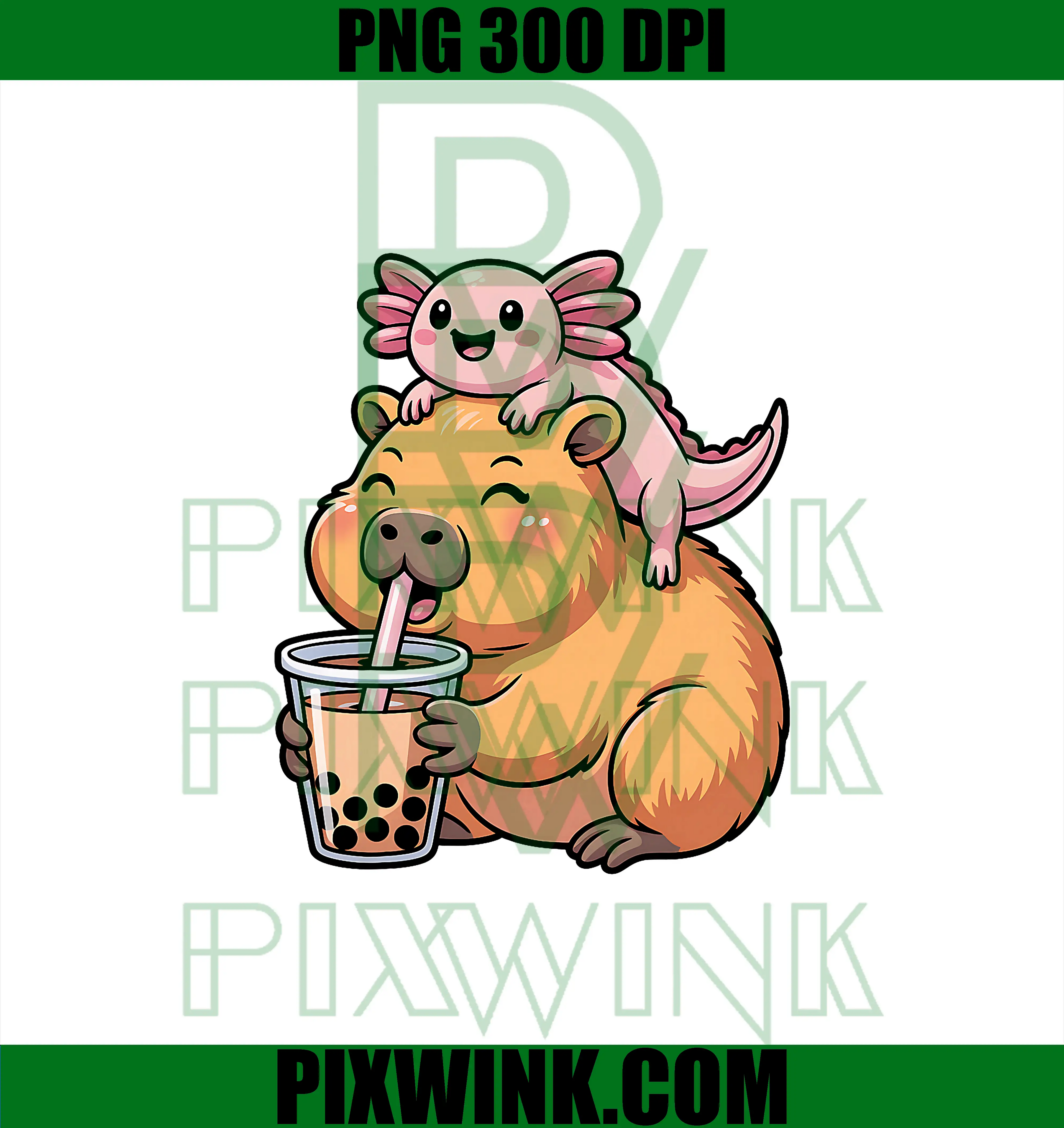 Cute Capybara Drinking Bubble PNG, Tea and Axolotl Kawaii PNG