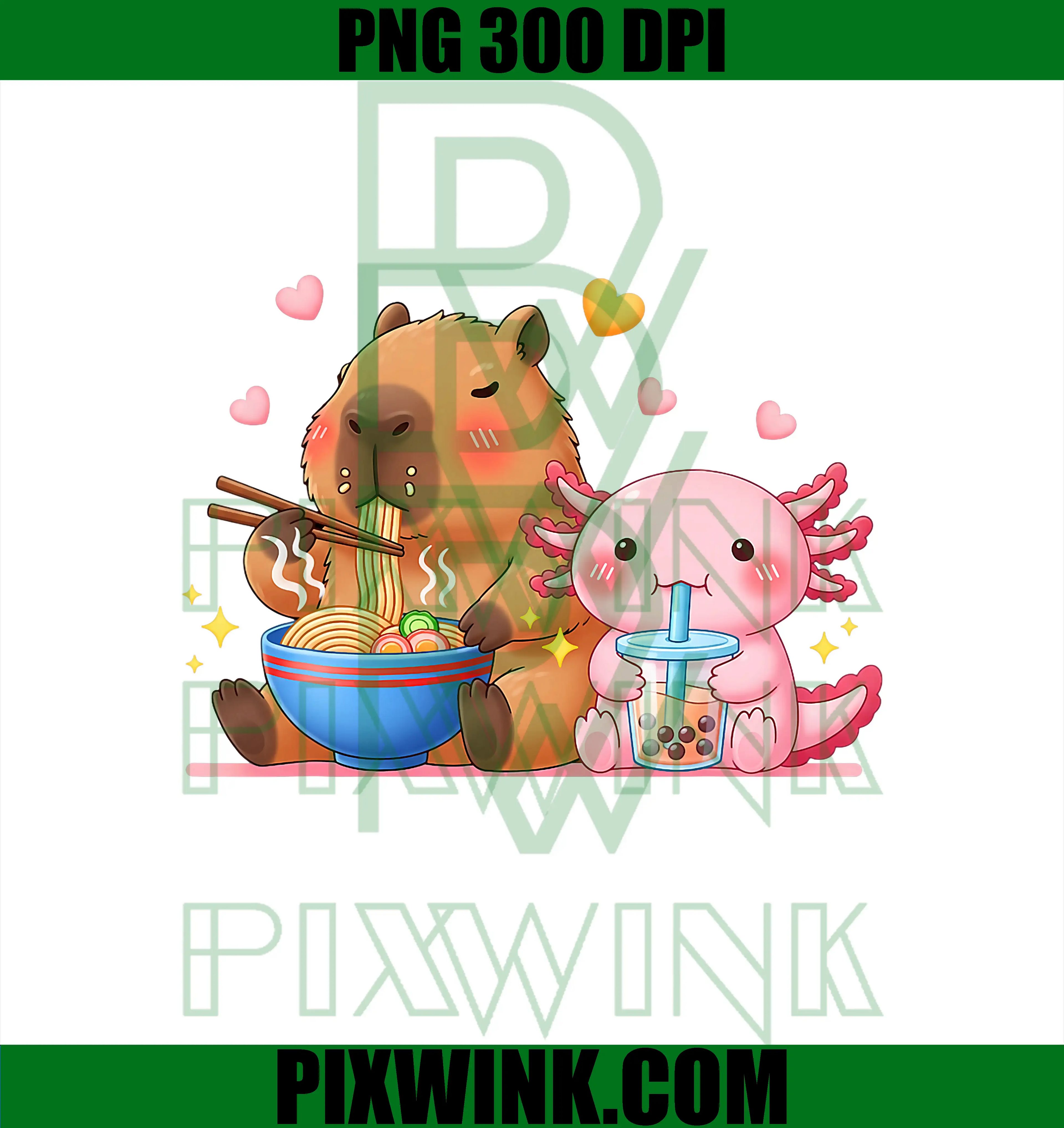 Cute Capybara Ramen and Axolotl PNG, Boba Kawaii PNG