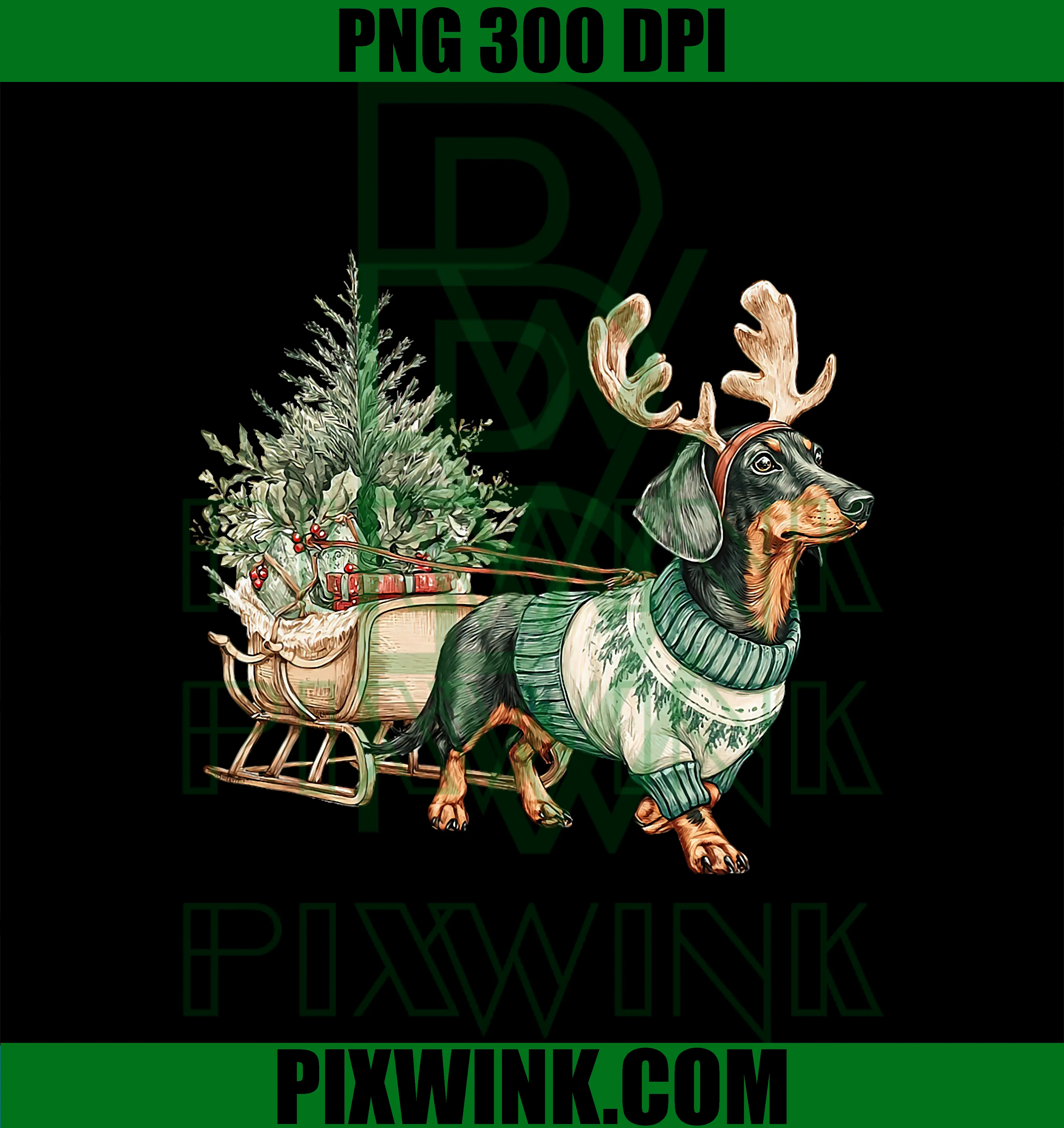 Cute Dachshund Dog PNG, Reindeer Sleigh PNG, Wiener Puppy Christmas PNG