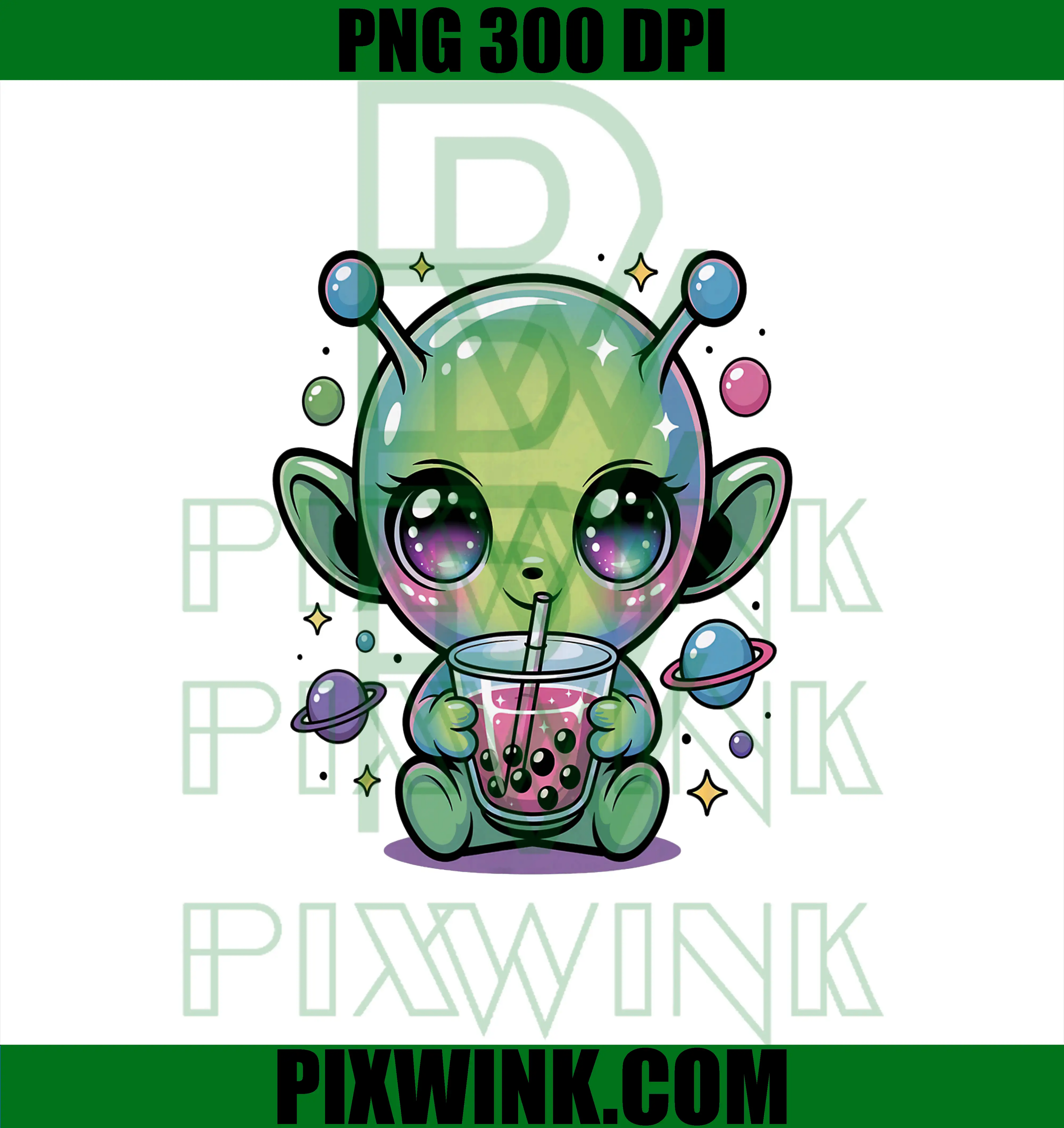 Cute Kawaii Alien PNG, Drinking Bubble Tea Anime Alien PNG