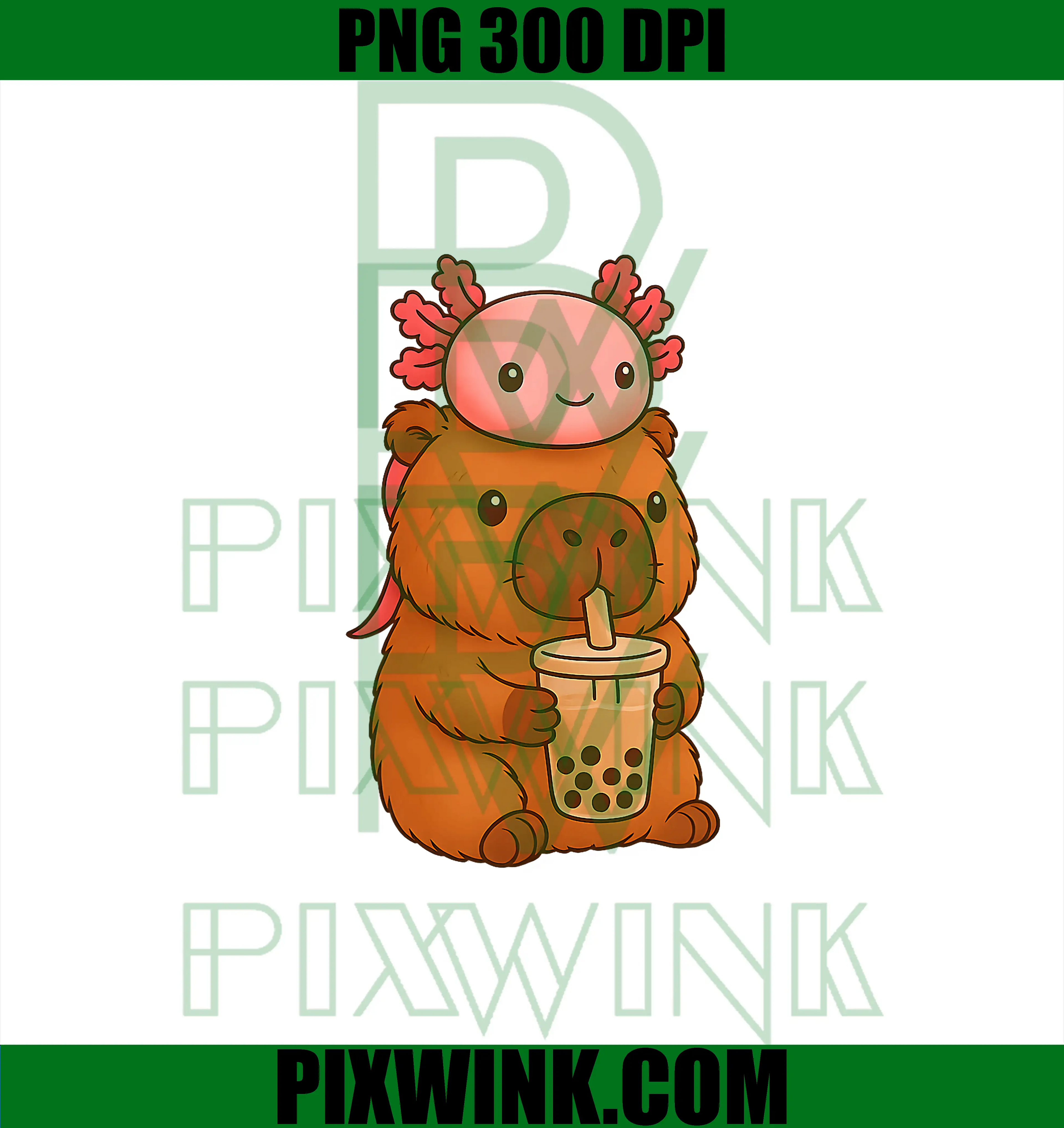 Cute Axolotl Riding Capybara With Bubble Tea PNG, Kawaii Animal Drink Art PNG