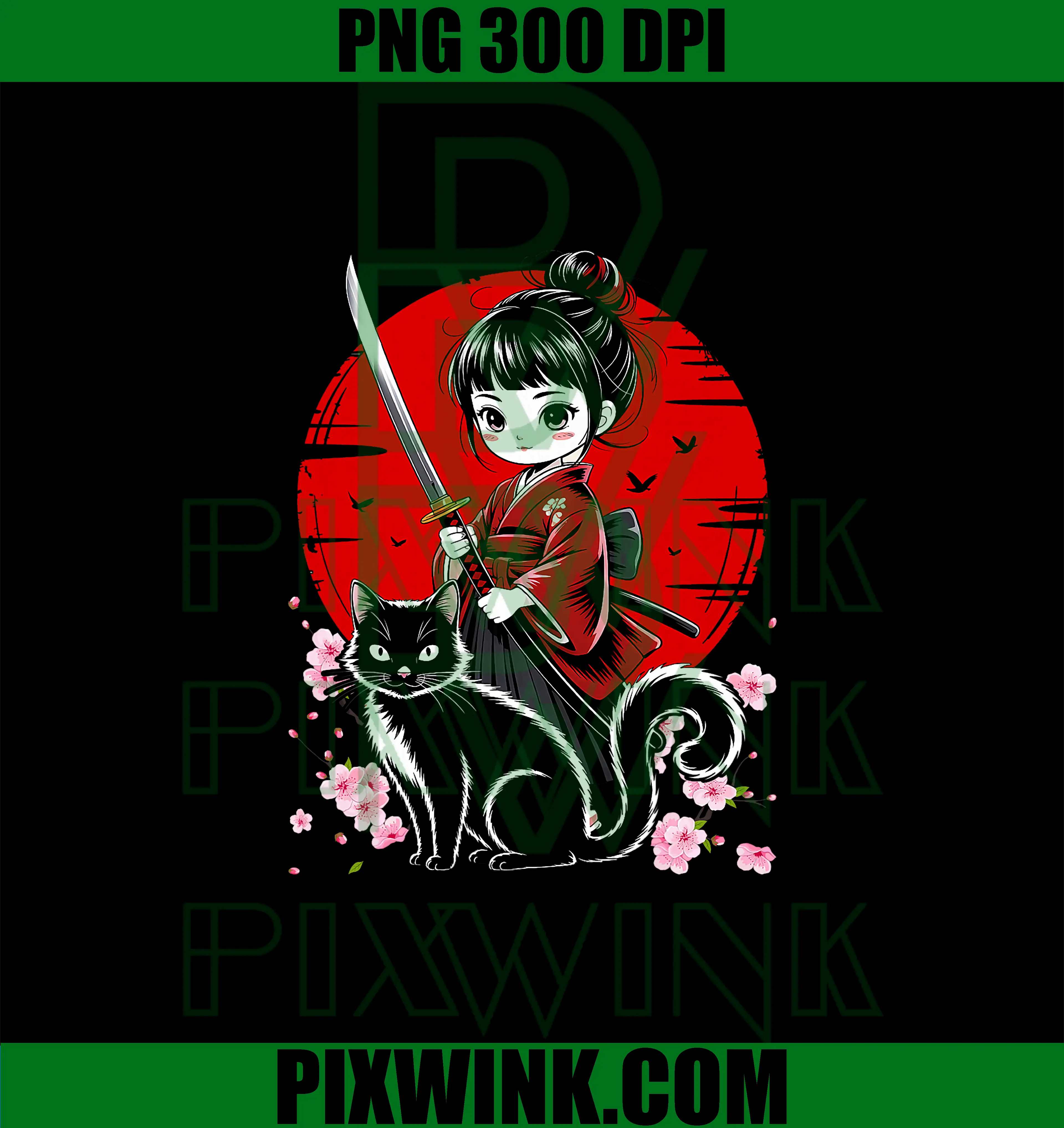 Cute Kawaii Samurai Girl with Katana & Cat PNG, Japanese Anime PNG