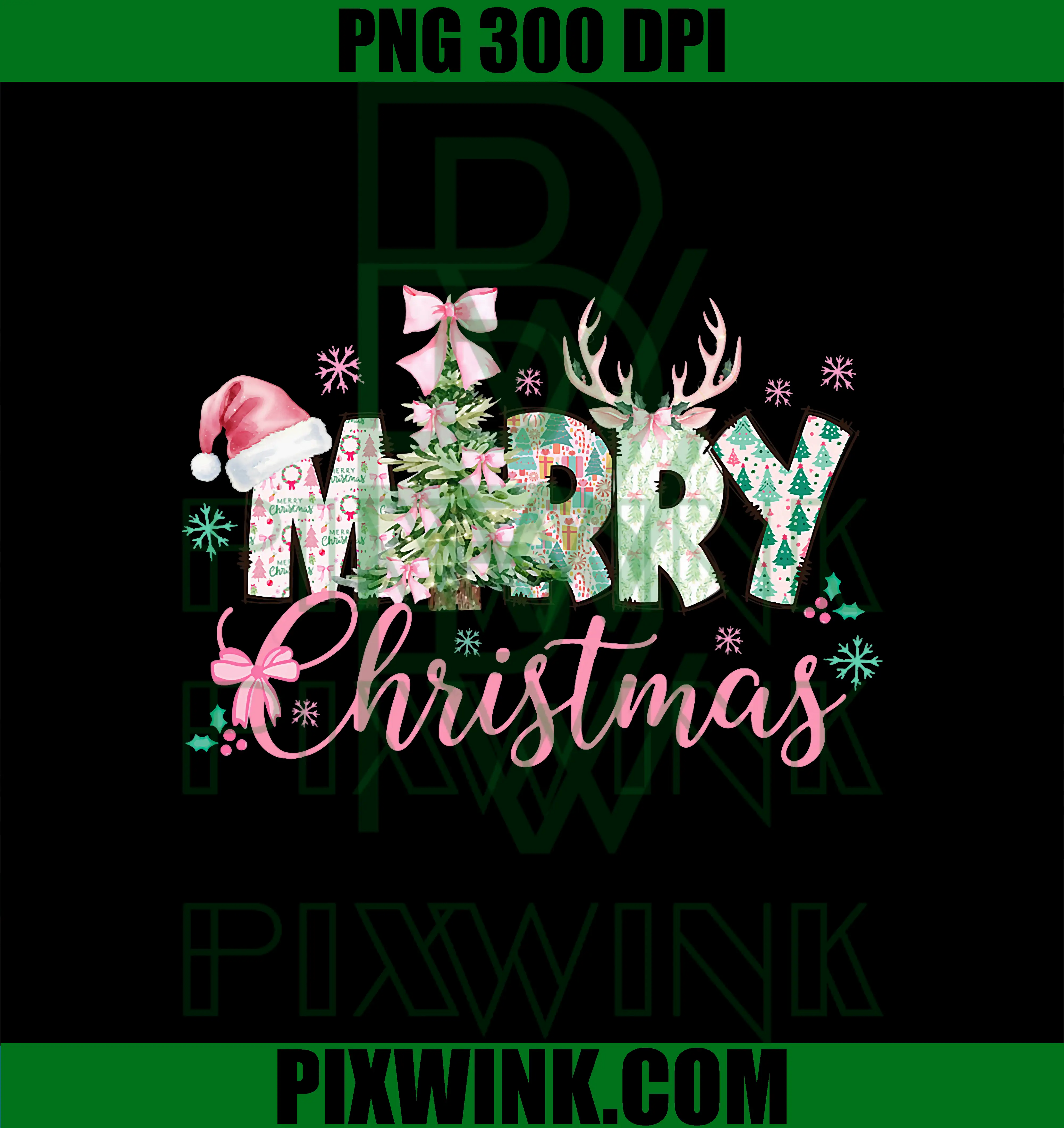 Cute Pink Bows Santa Hat PNG, Reindeer Merry Christmas PNG