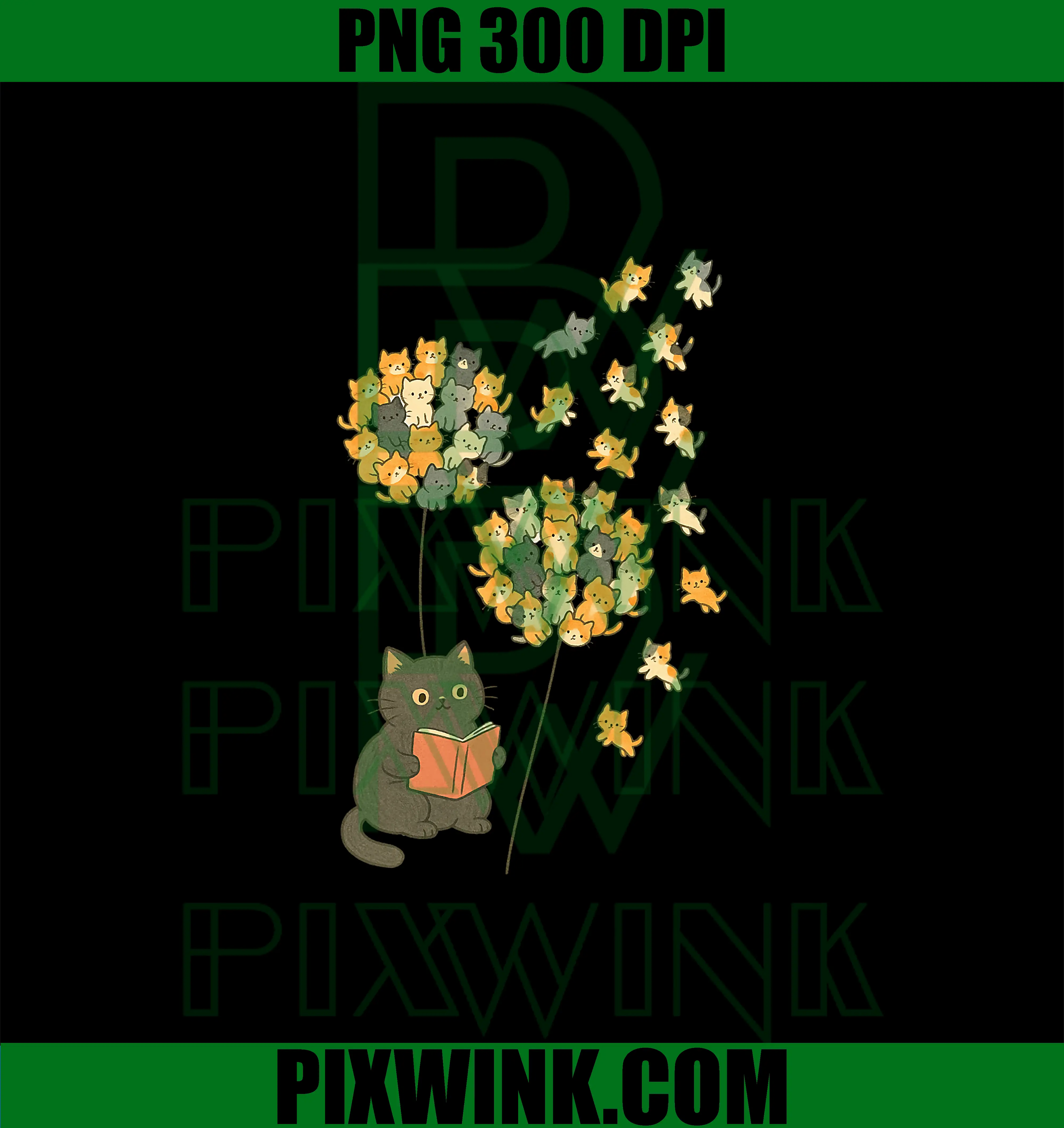 Cute Reading Cat With Kitten PNG, Dandelion Flowers Book Lover PNG