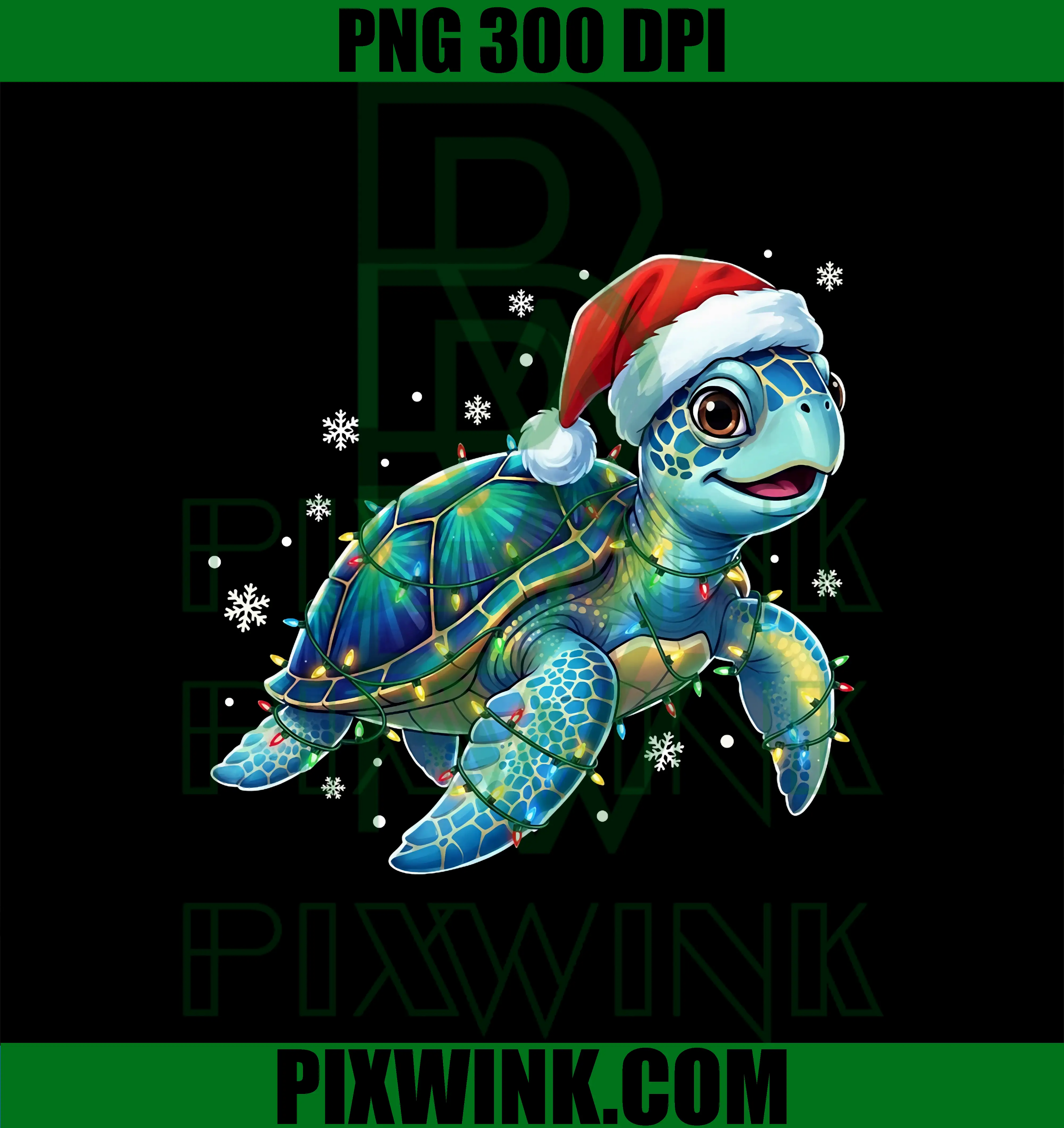 Cute Sea Turtle Santa Hat PNG, Xmas Lights PNG, Ocean Animal Christmas PNG