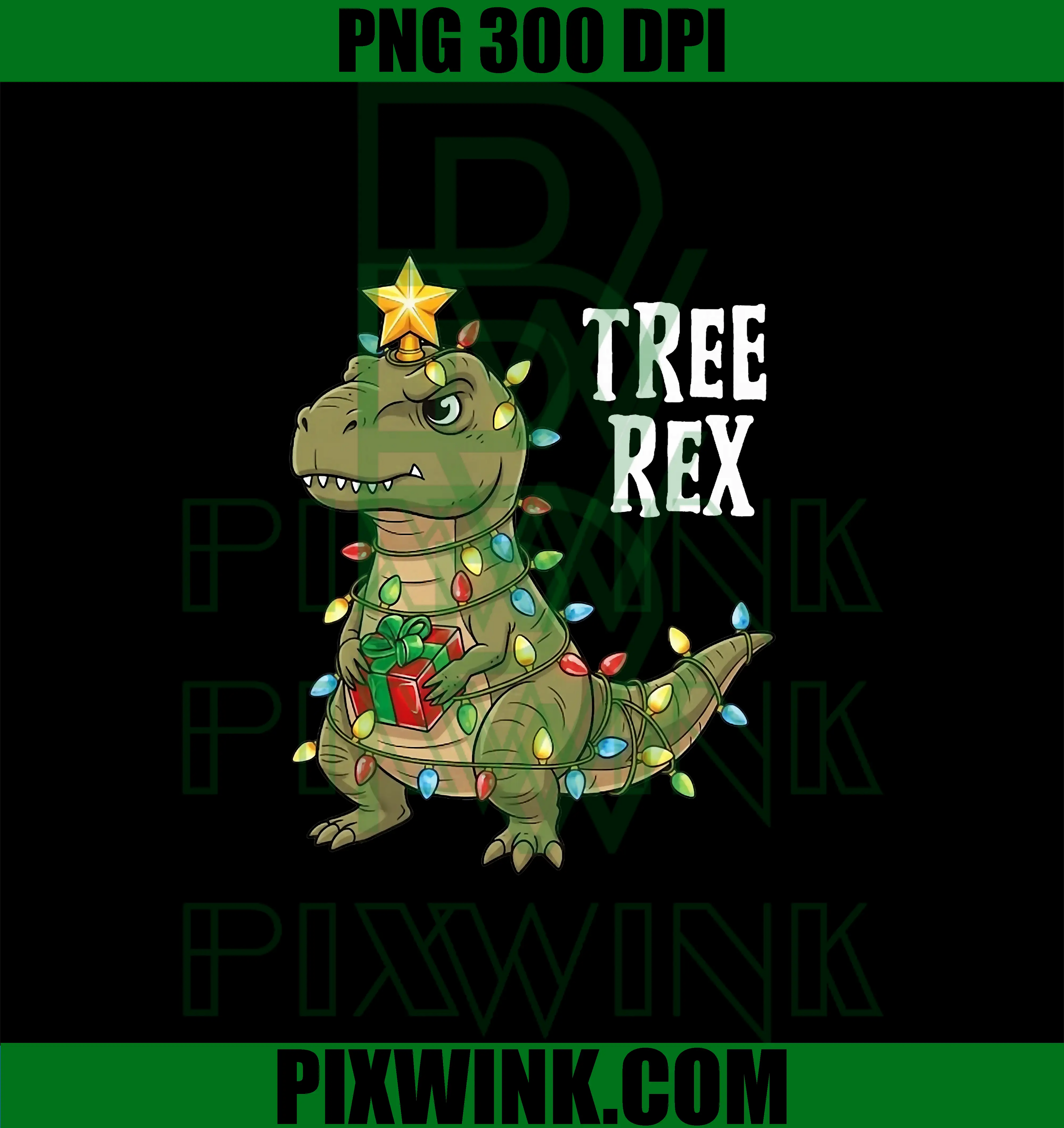 Cute T Rex Wrapped in Christmas PNG, Lights Holiday Dino Design PNG