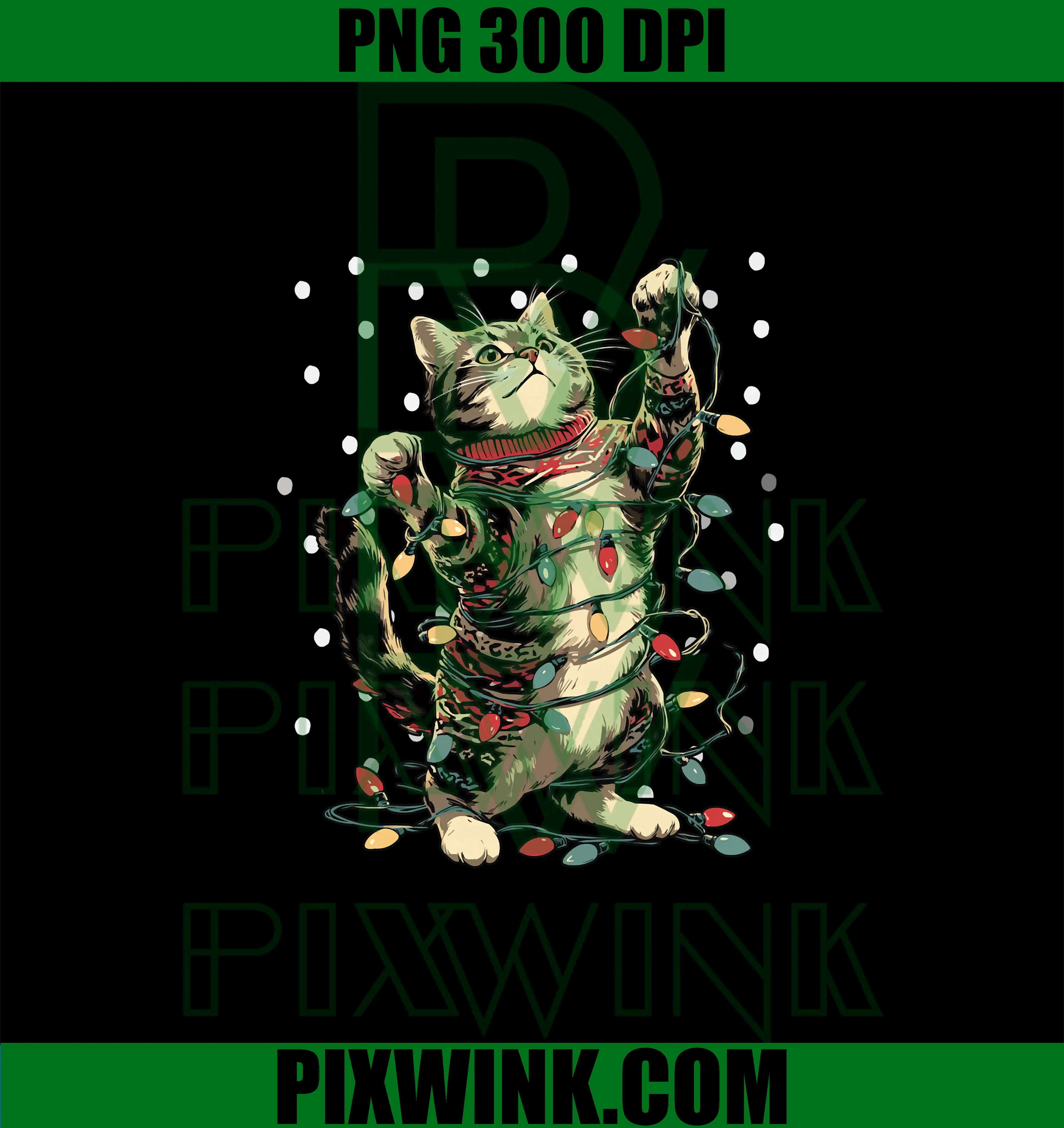Cute Tabby Cat with Snow PNG, Christmas Lights Winter Kitten PNG