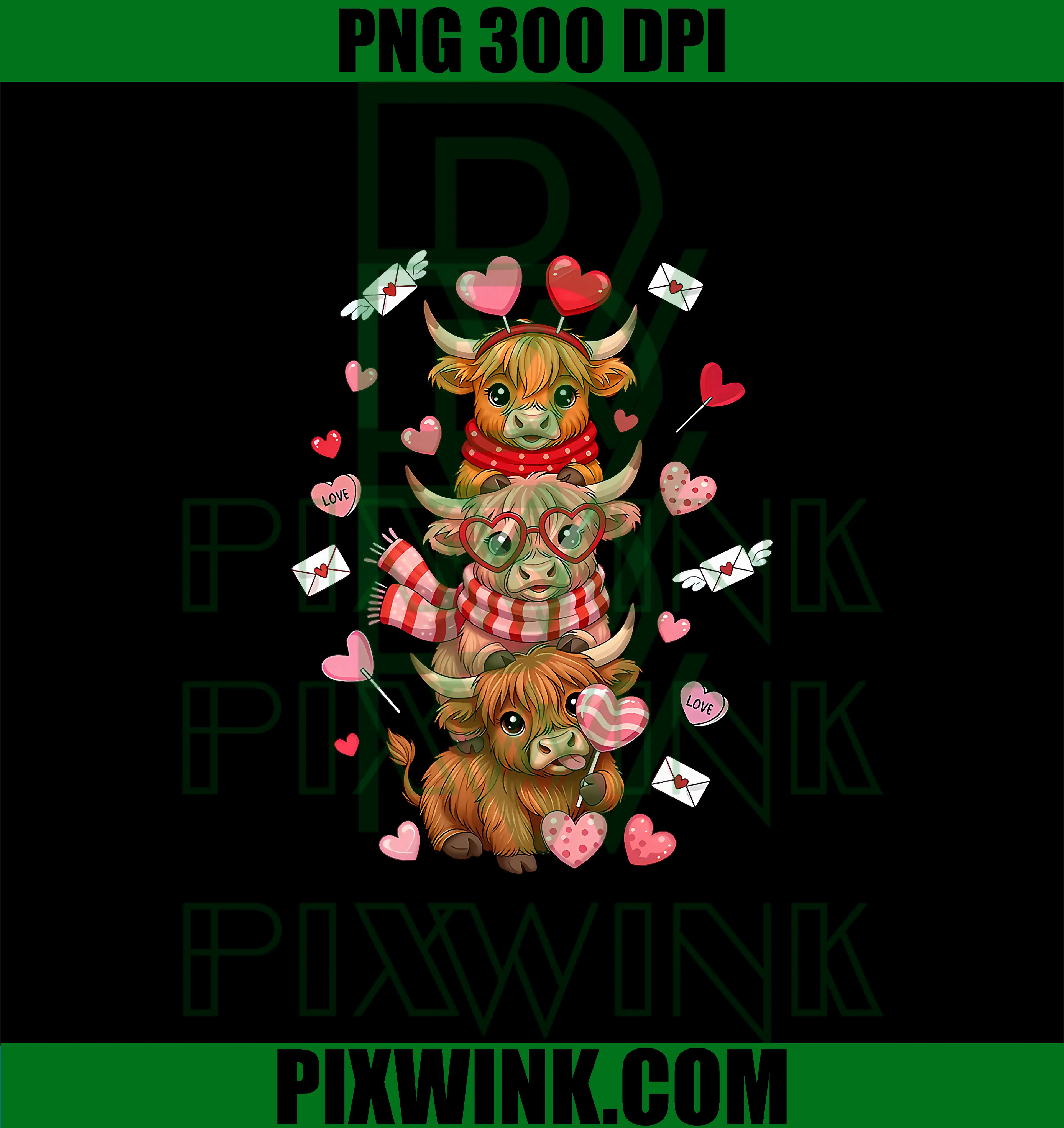 Cute Western Valentine PNG, Highland Cows with Hearts PNG