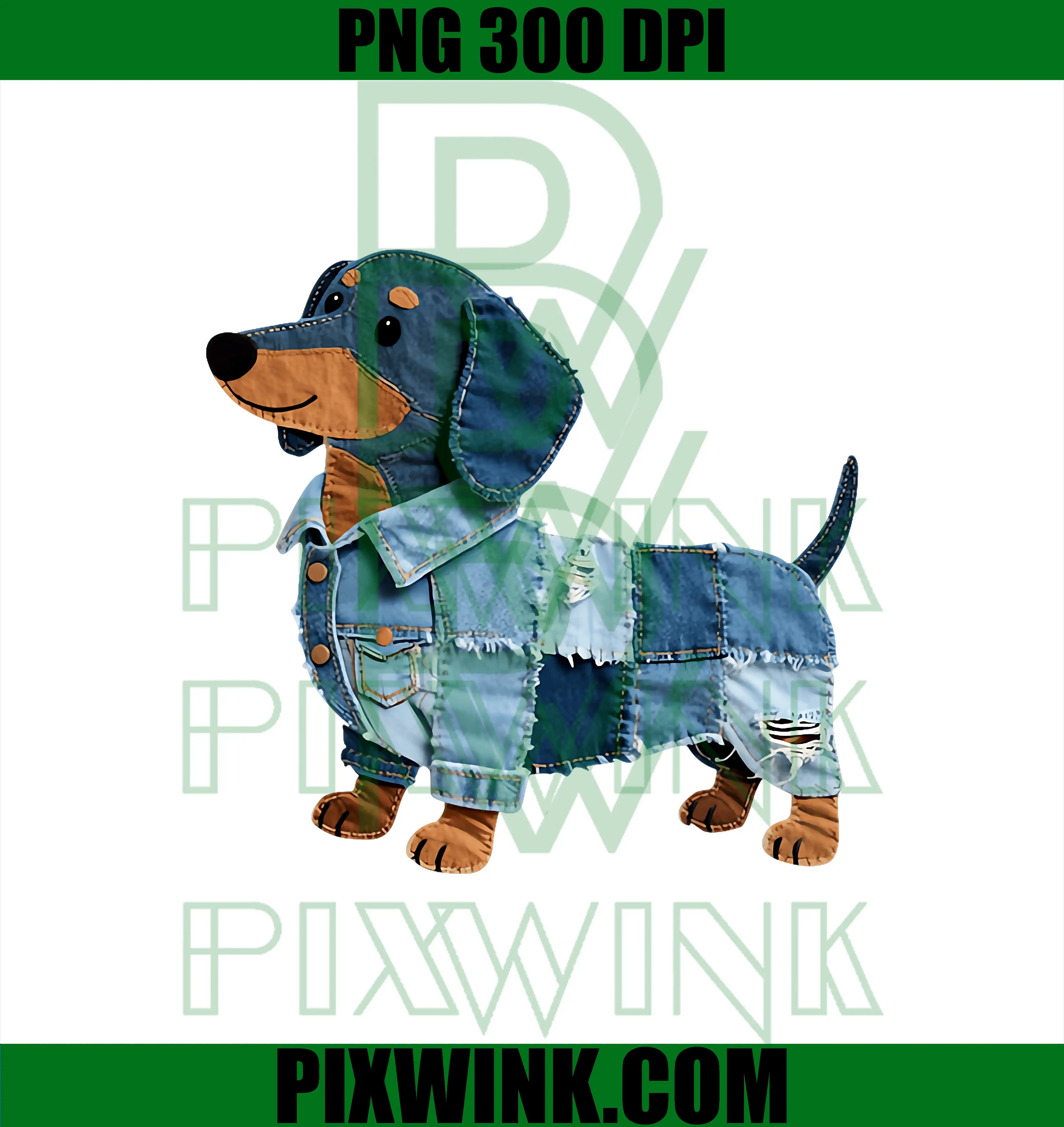 Denim Dachshund Dog PNG, Patchwork Puppy Vintage Art PNG