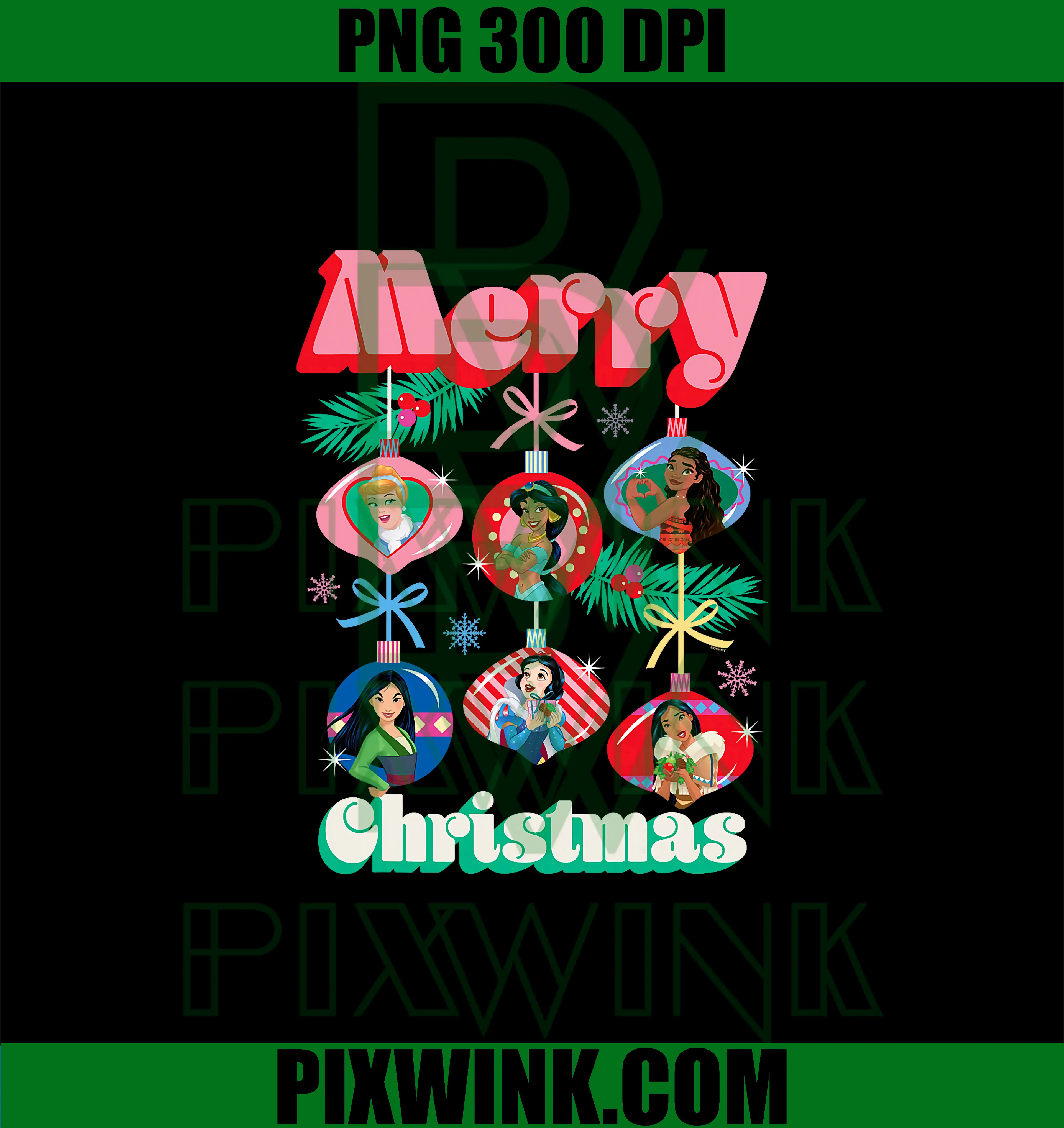 Winter Holiday Ornaments PNG, Disney Princess Merry Christmas PNG