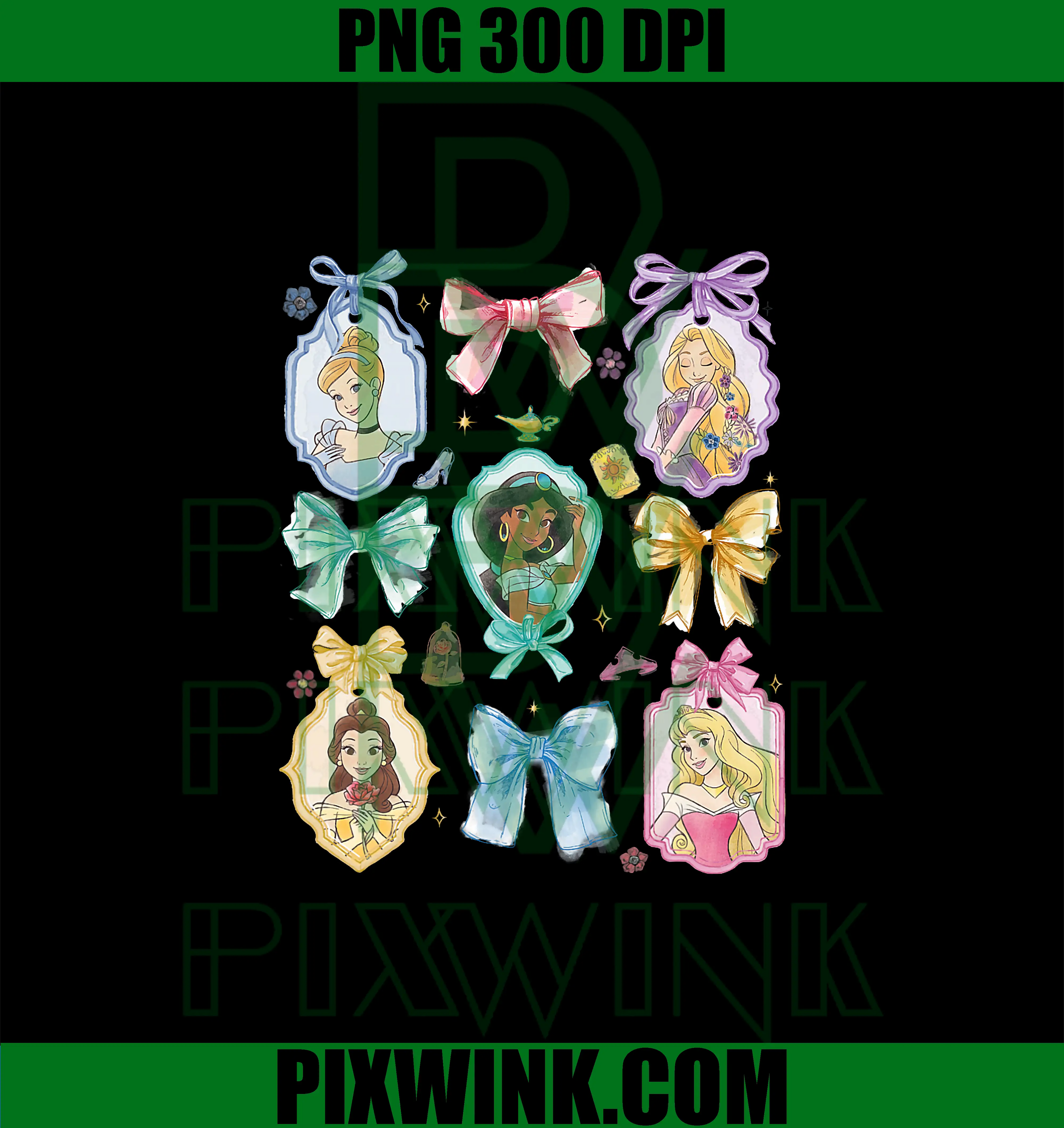 Disney Princess and Bows PNG, Watercolor Portraits Collage PNG