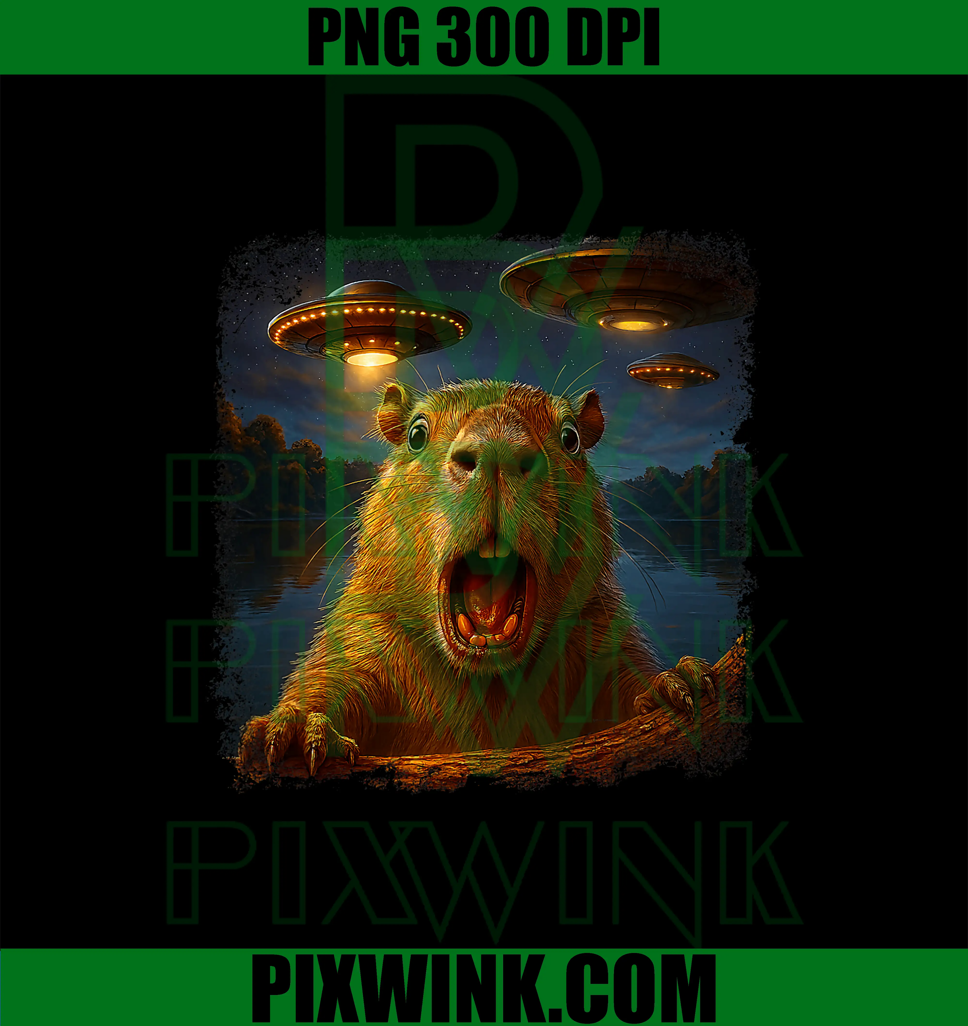 Distressed Capybara UFO PNG, Selfie with Funny Alien Art Novelty PNG