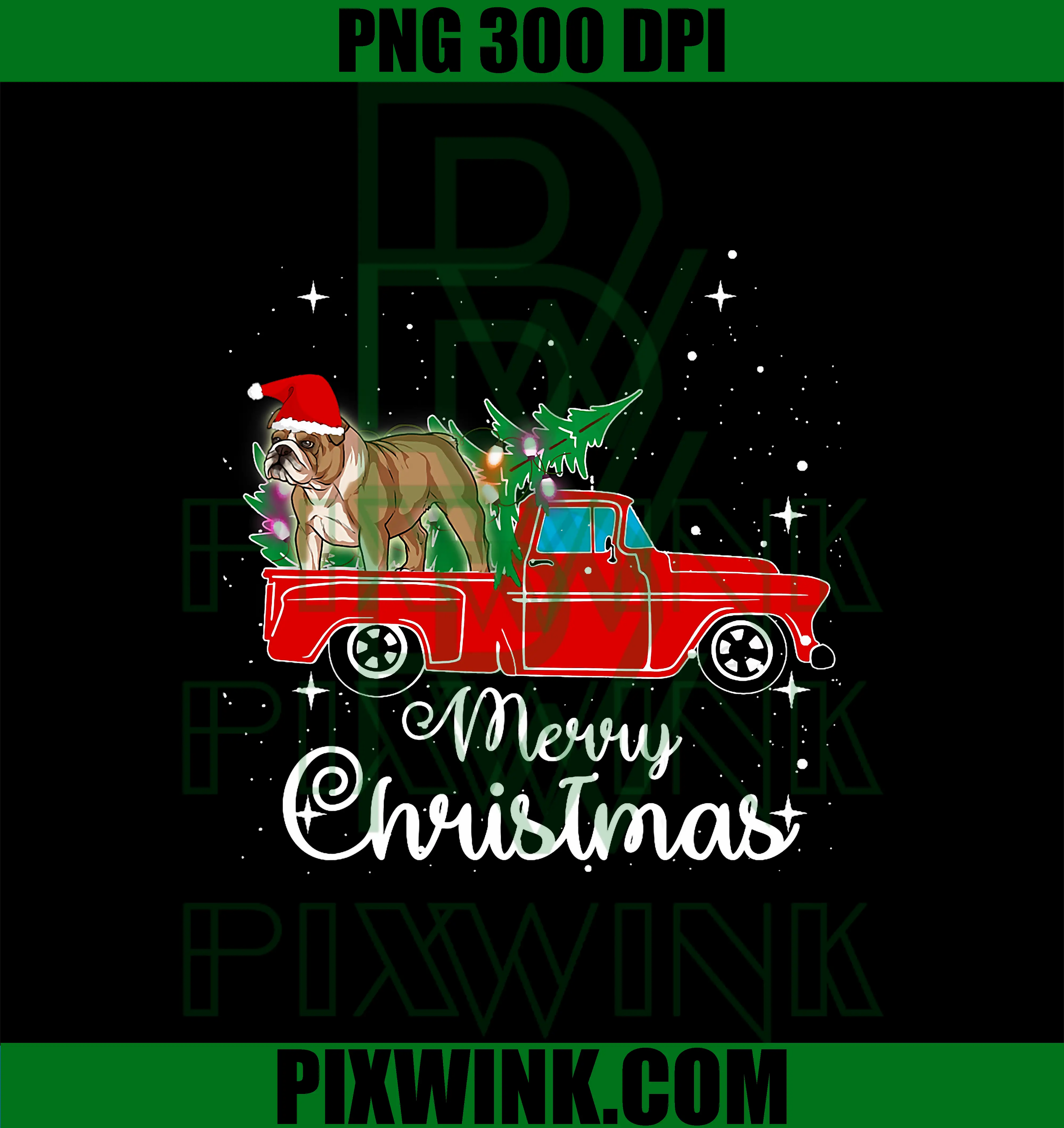 English Bulldog Dog Red Truck Christmas PNG, Tree Lights Xmas PNG