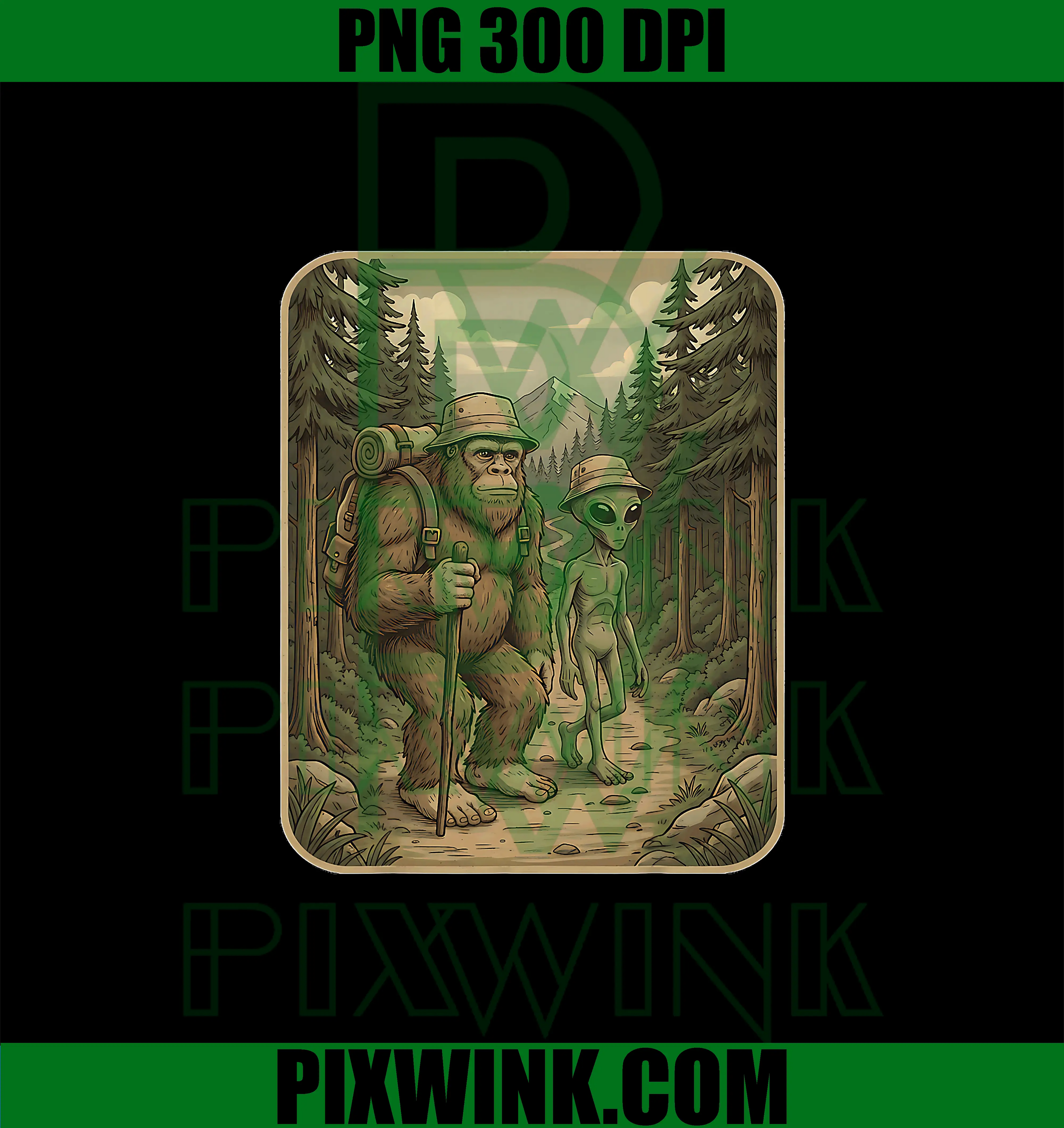 Bigfoot & Alien UFO Camping PNG, Outdoor Adventures Hiking PNG
