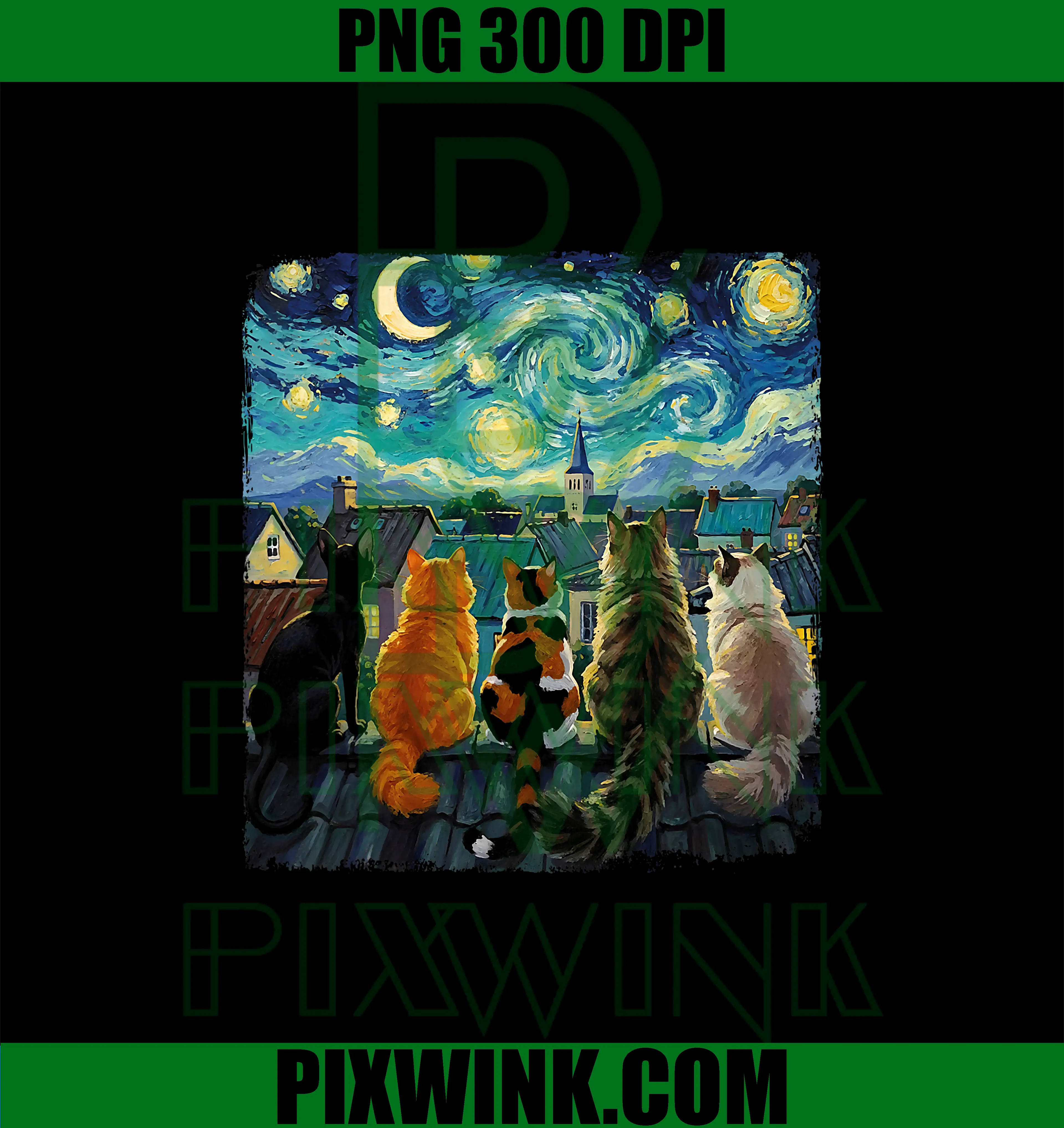Funny Cat Starry Night Van Gogh PNG, Cats Rooftop Scene Feline PNG