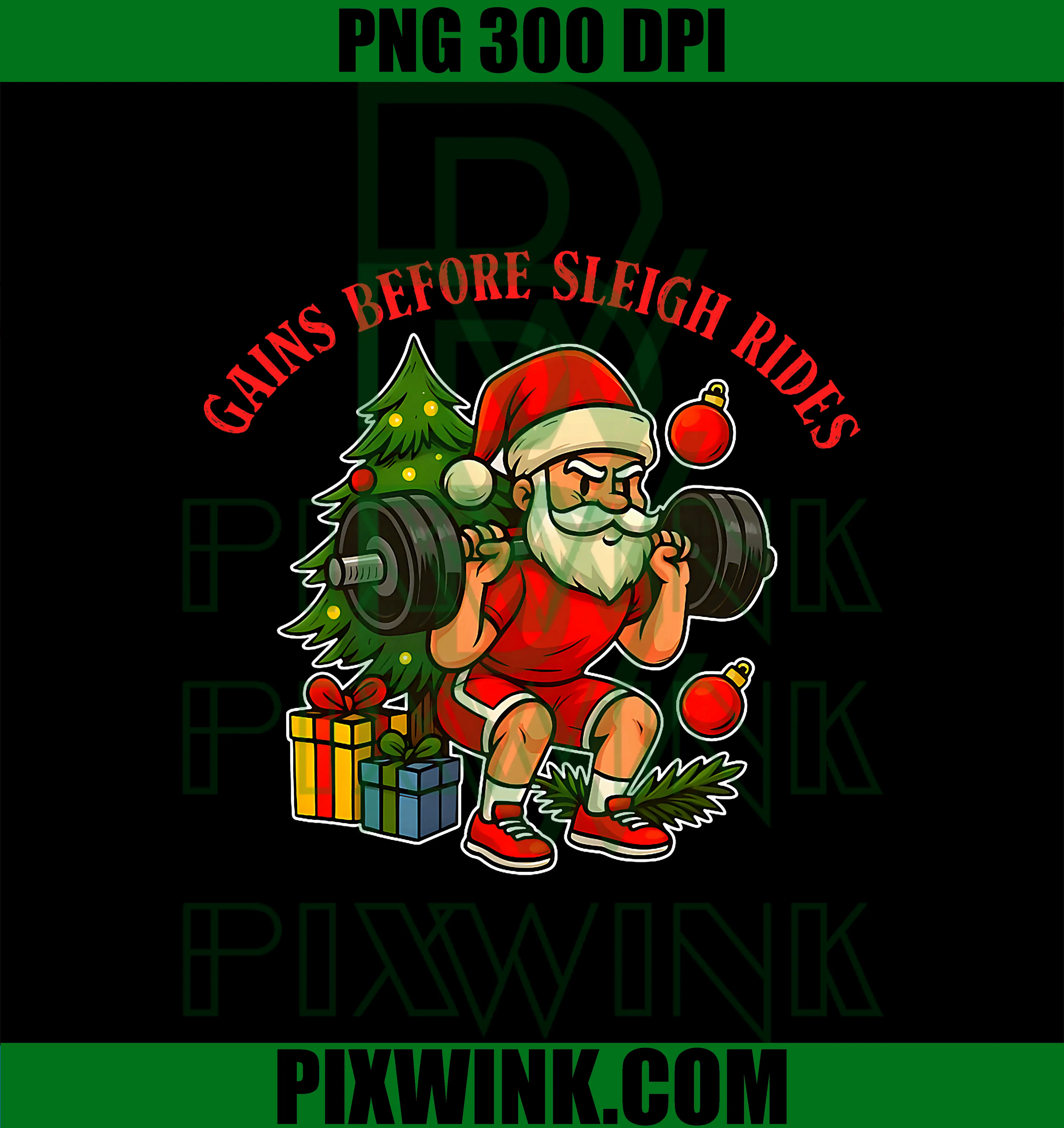 Gains Before Sleigh Rides PNG, Funny Christmas Gym Santa PNG