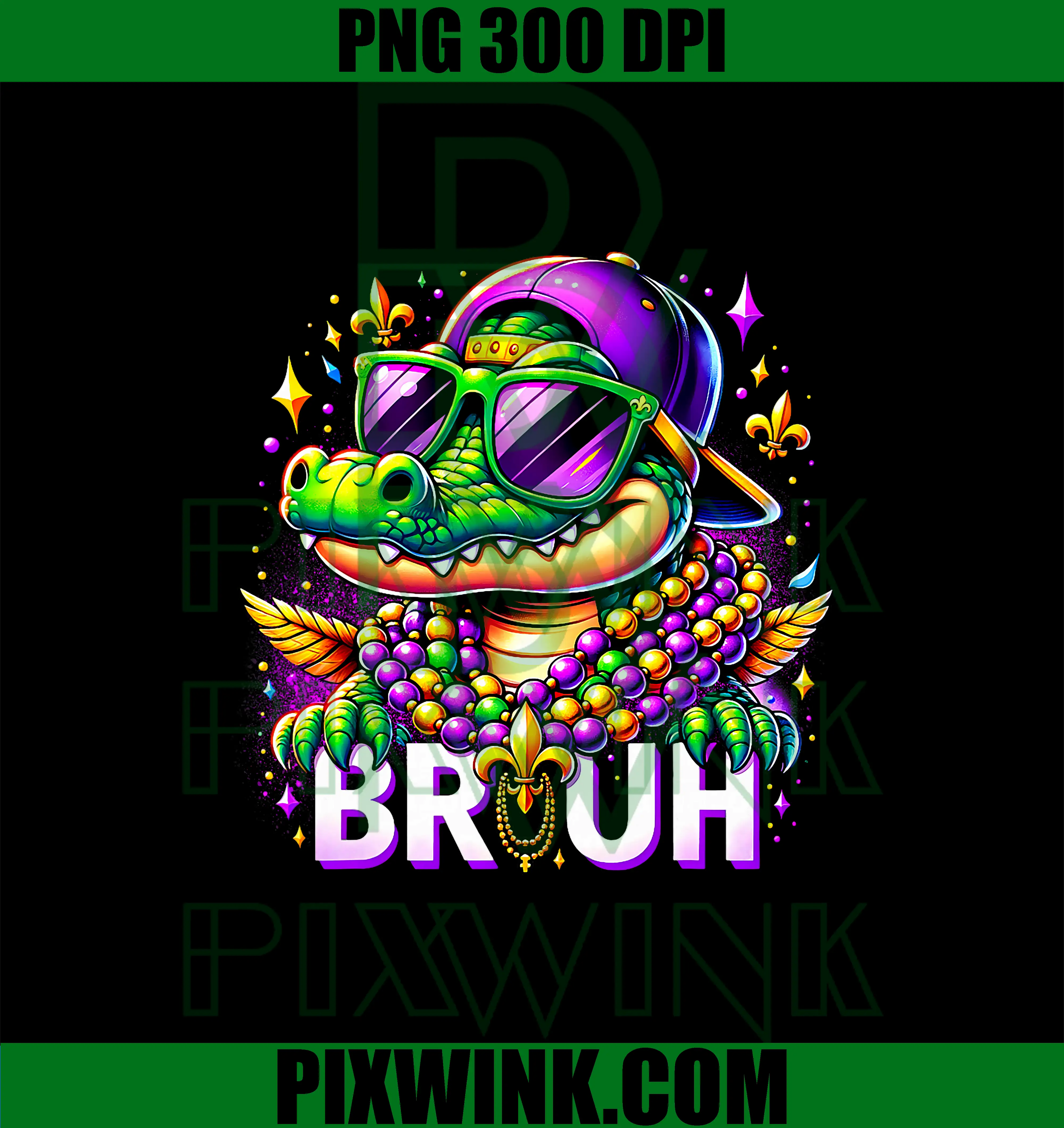 Bruh Mardi Gras PNG, Groovy Mardigator Alligator PNG