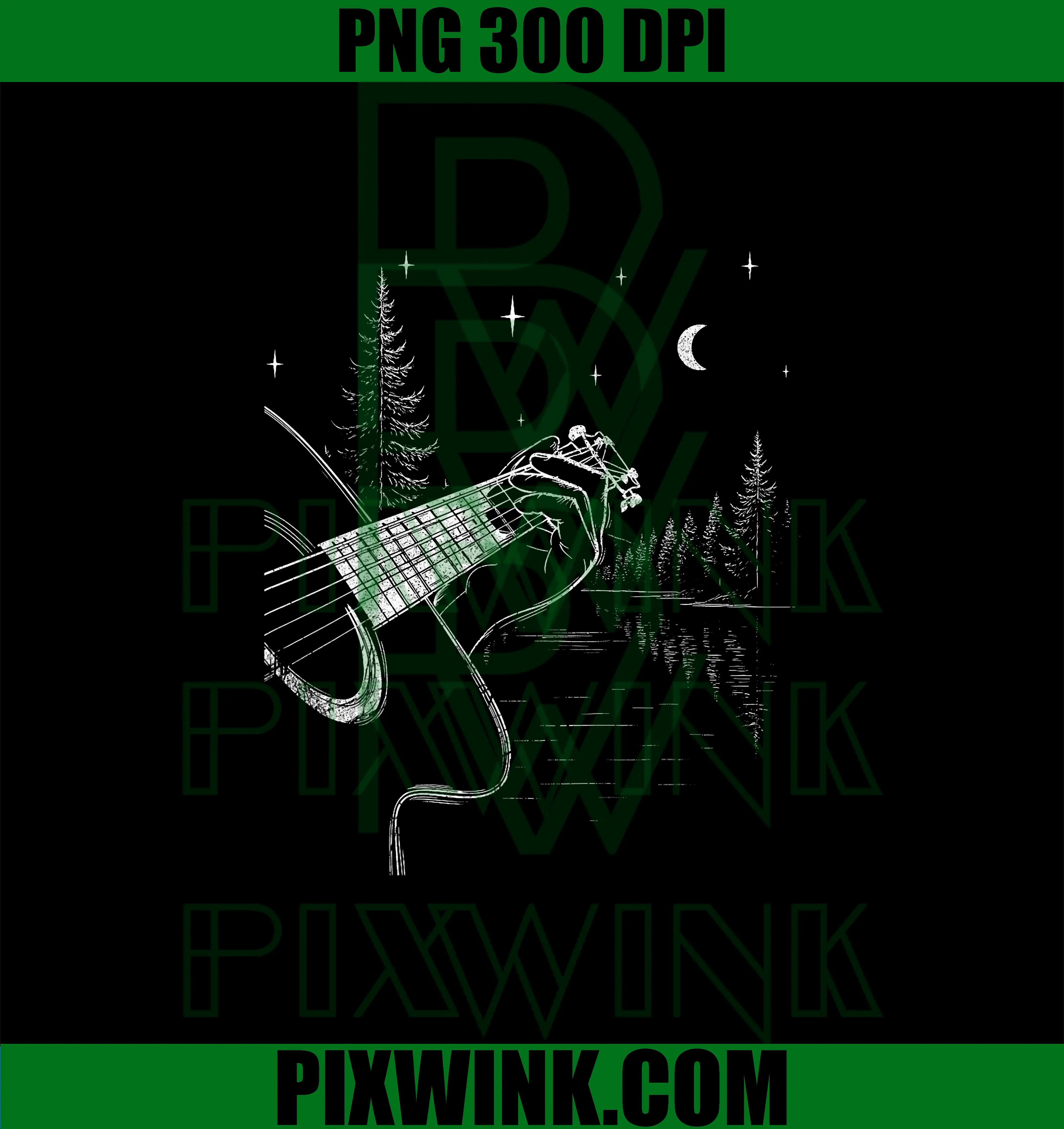 Guitar Forest Night Scene Acoustic PNG, Music Moon Art PNG
