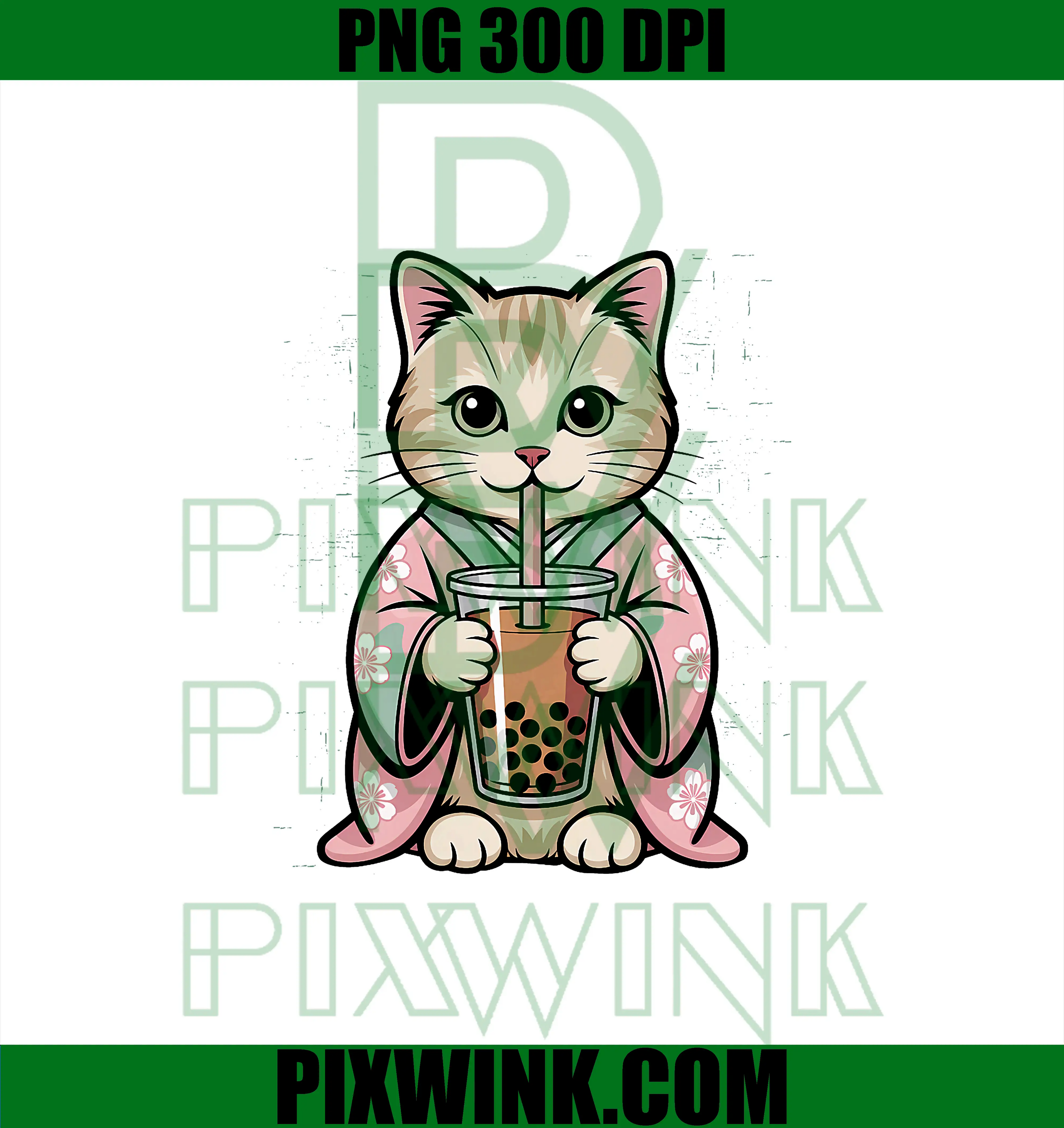 Kawaii Japanese Kimono PNG, Cat Bubble Tea Art PNG