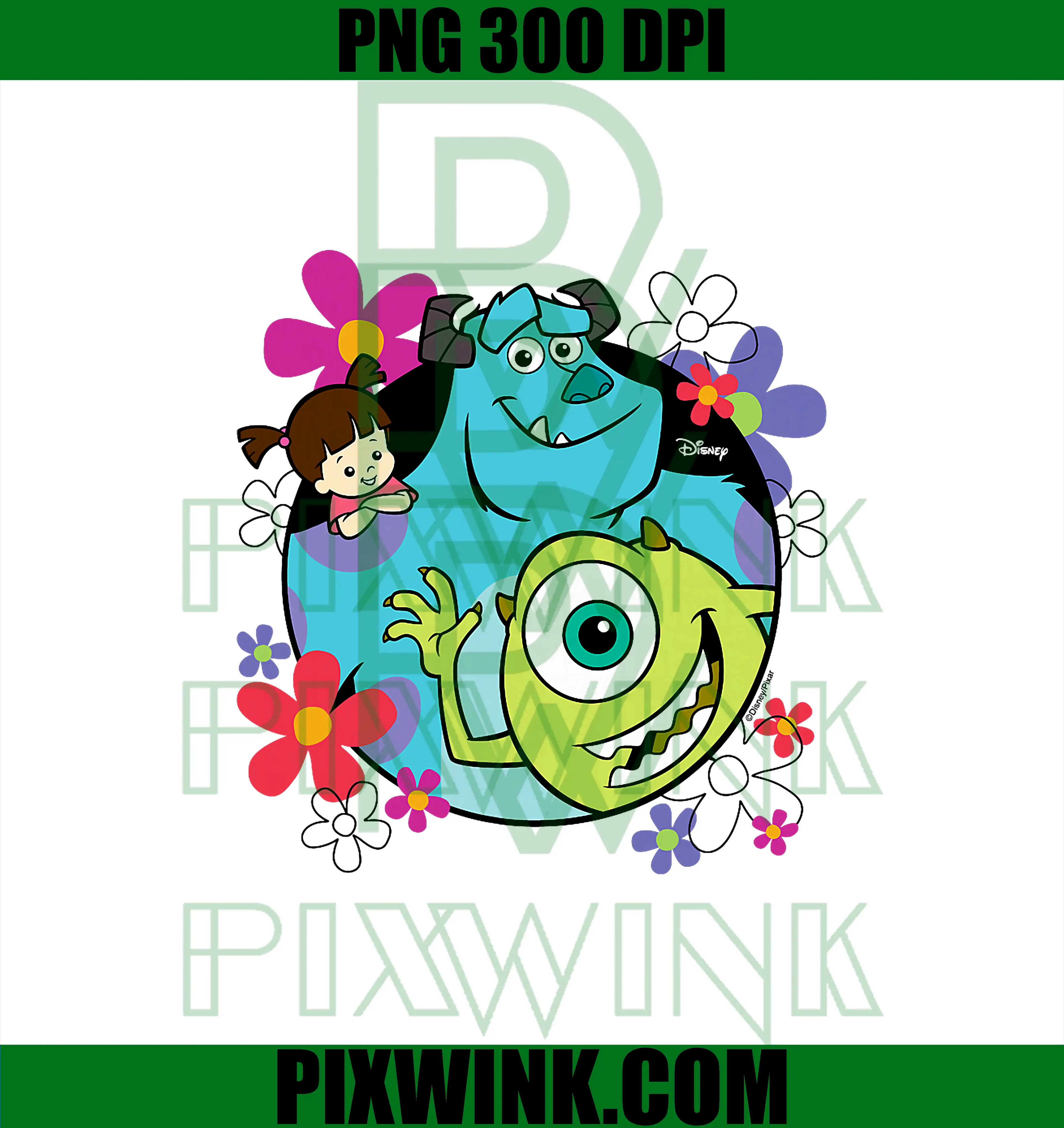 Monsters Inc Sully Mike PNG, Wazoski Boo Floral Circle Group PNG
