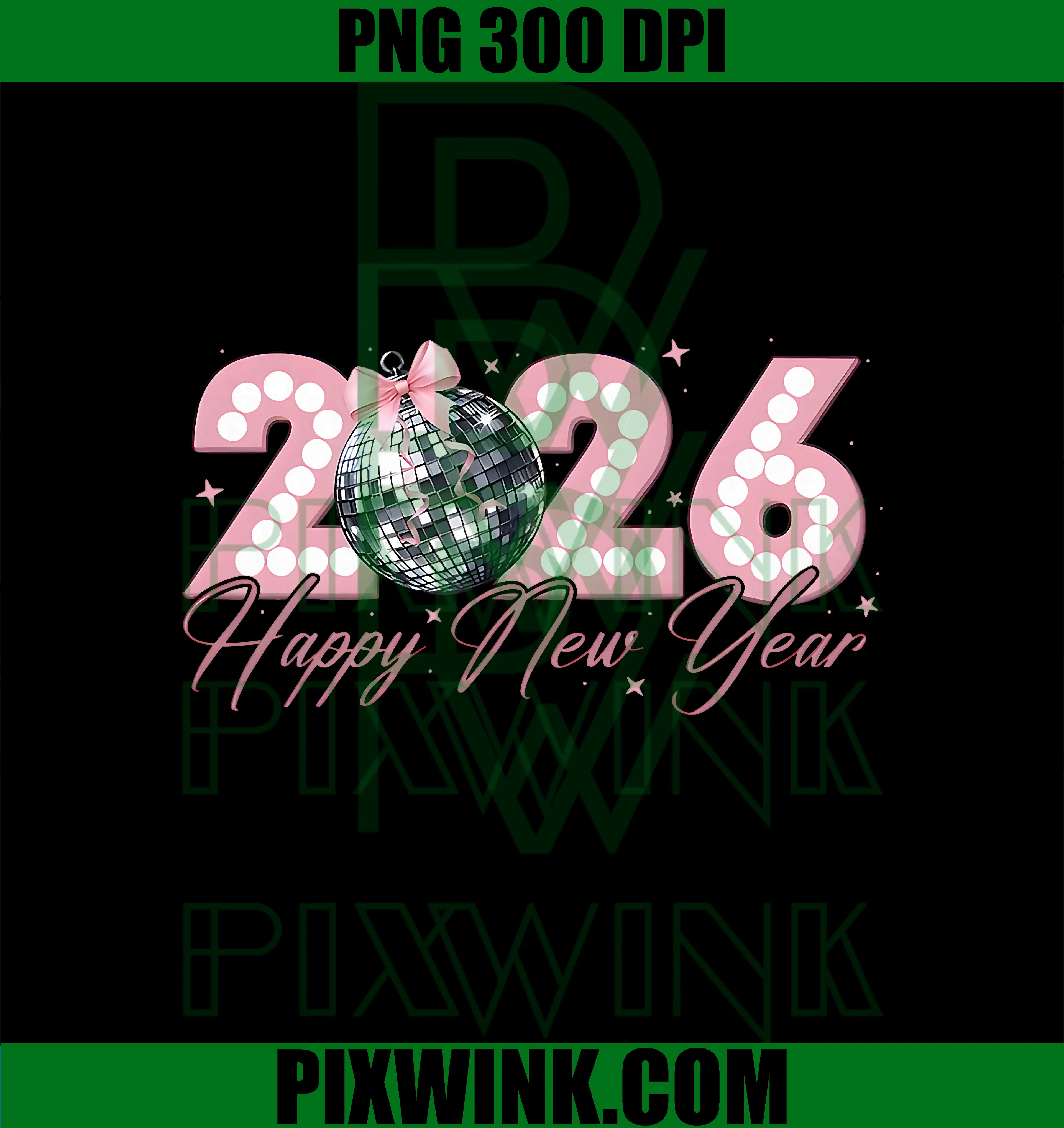 New Year 2026 Family PNG, Disco Ball Pink PNG, Coquette Bow Party PNG