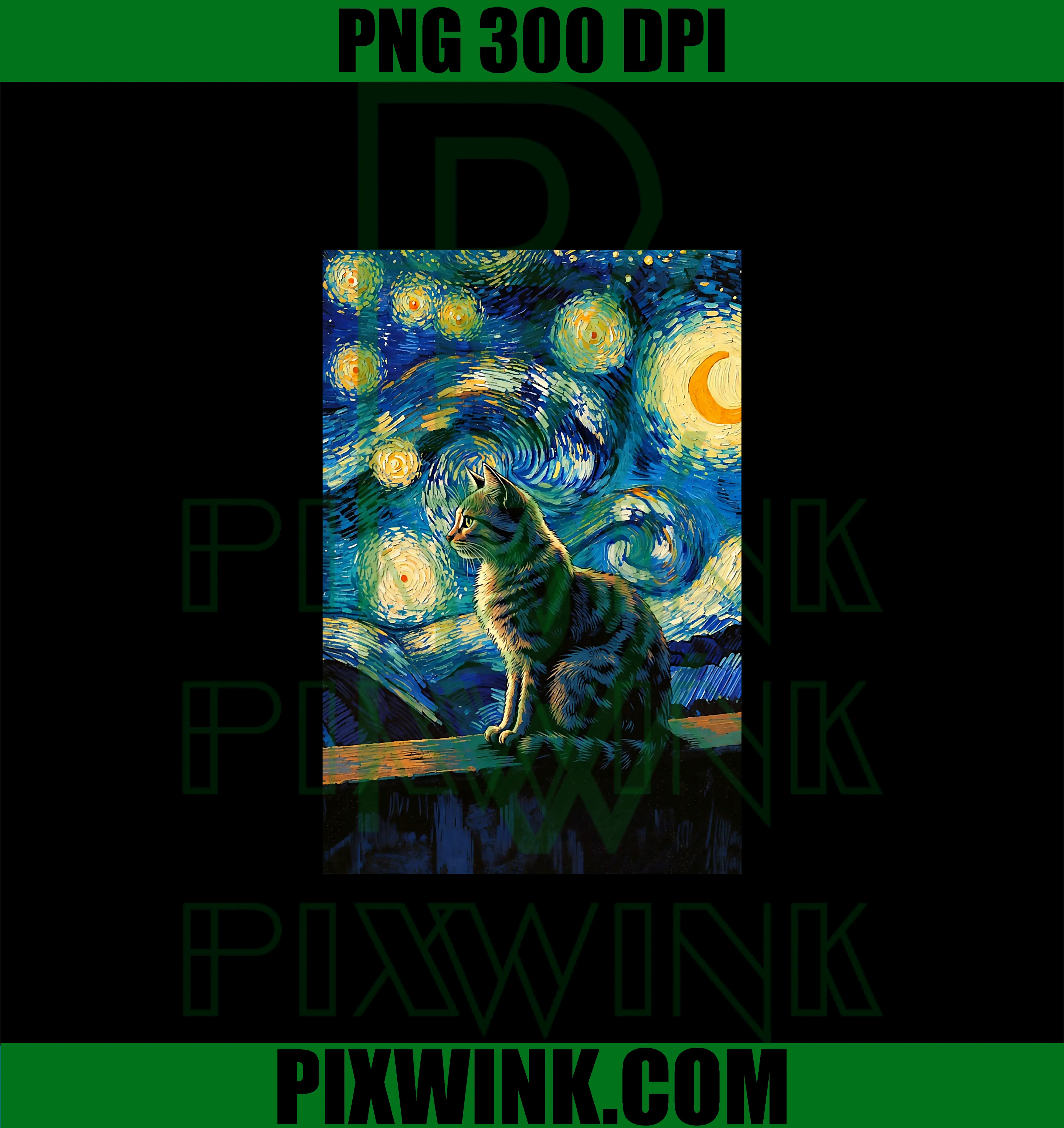 Night Cat Sitting Under Swirling Sky PNG, Starry Van Gogh PNG