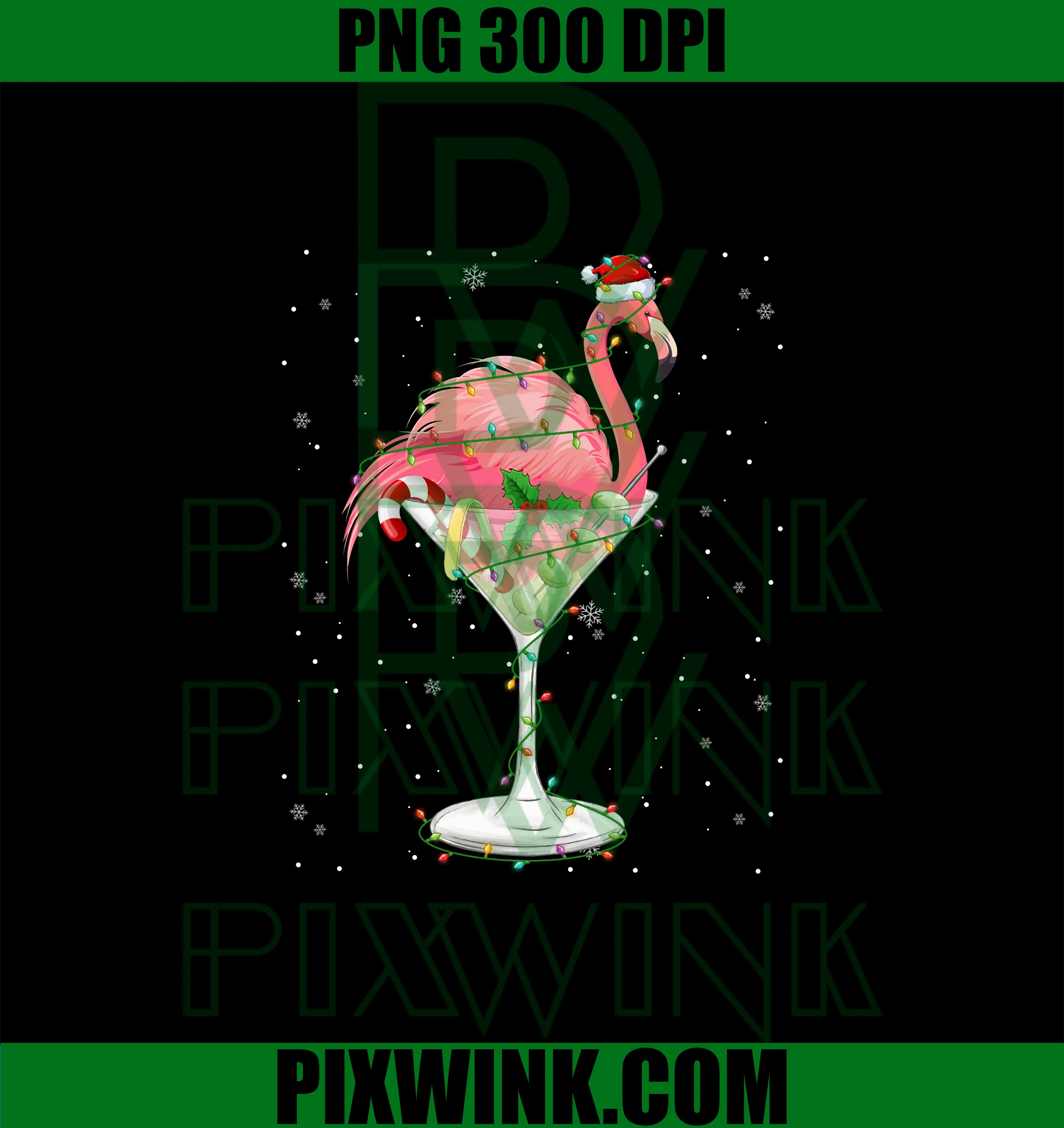Pink Flamingo Drinking PNG, Cocktail Santa Hat PNG, Christmas Lights PNG
