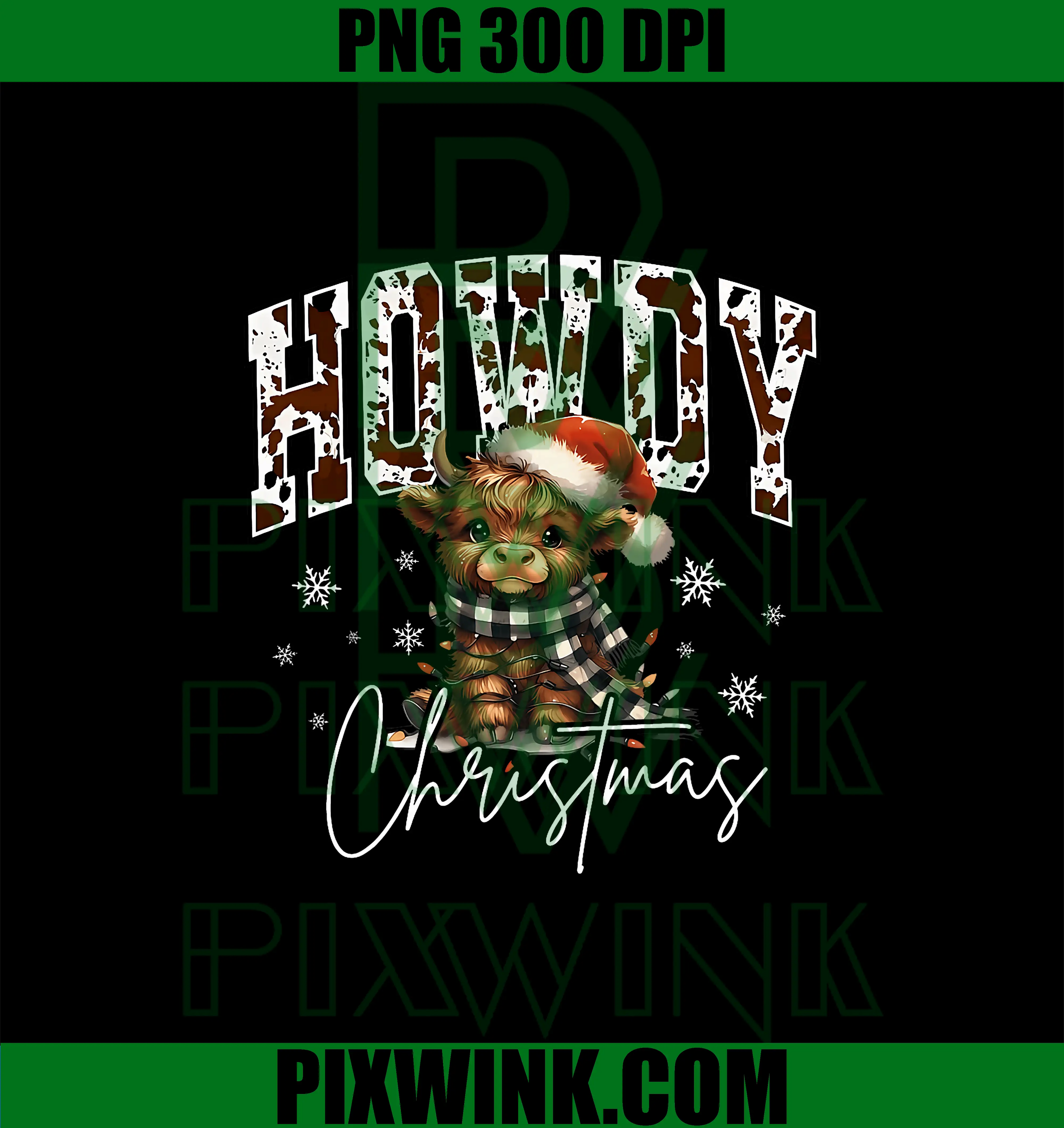 Howdy Christmas PNG, Western Cow Santa Hat PNG, Xmas Lights PNG 