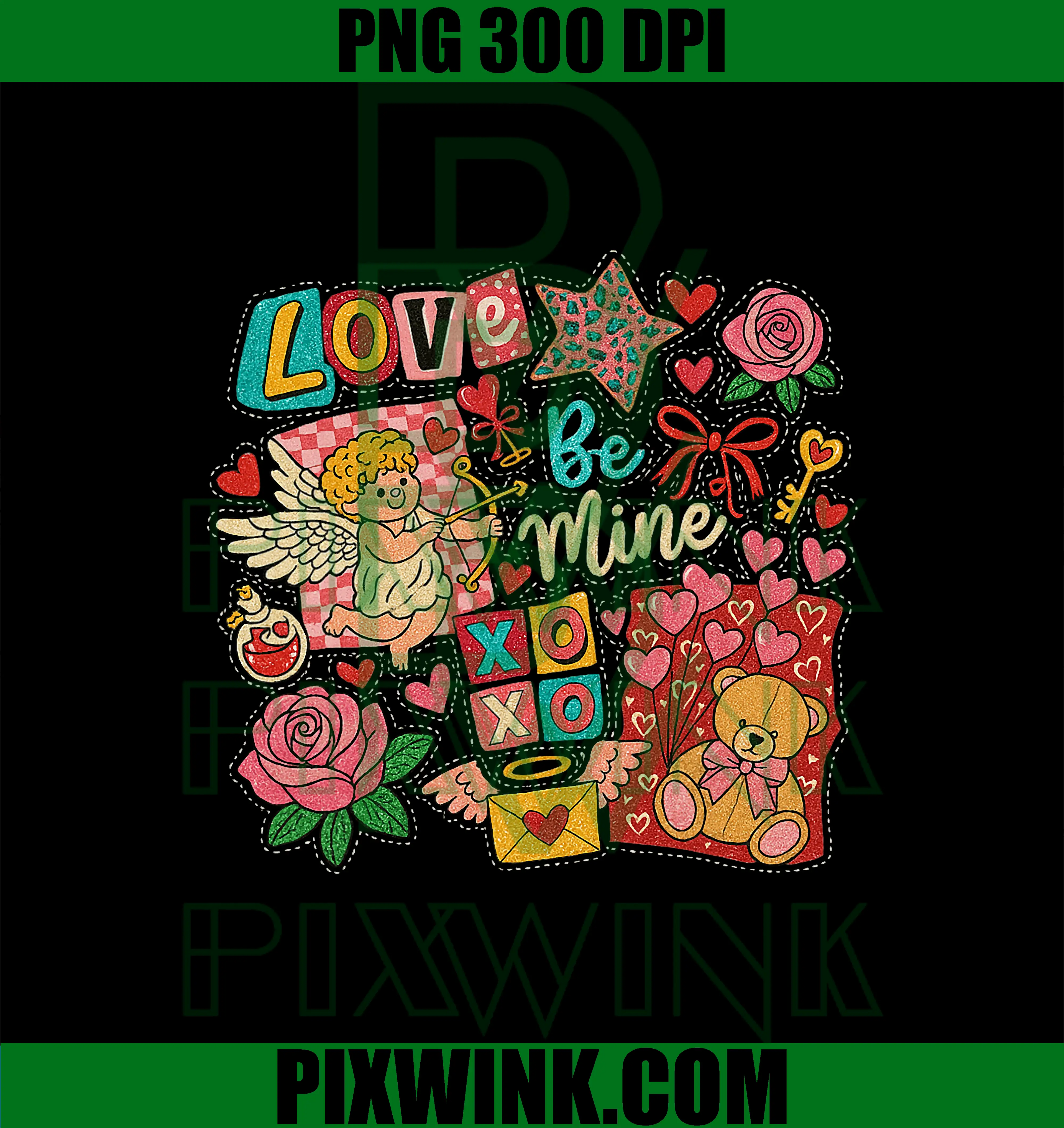 Valentine XOXO Be Mine PNG, Pink Cupid Checkered Coquette PNG