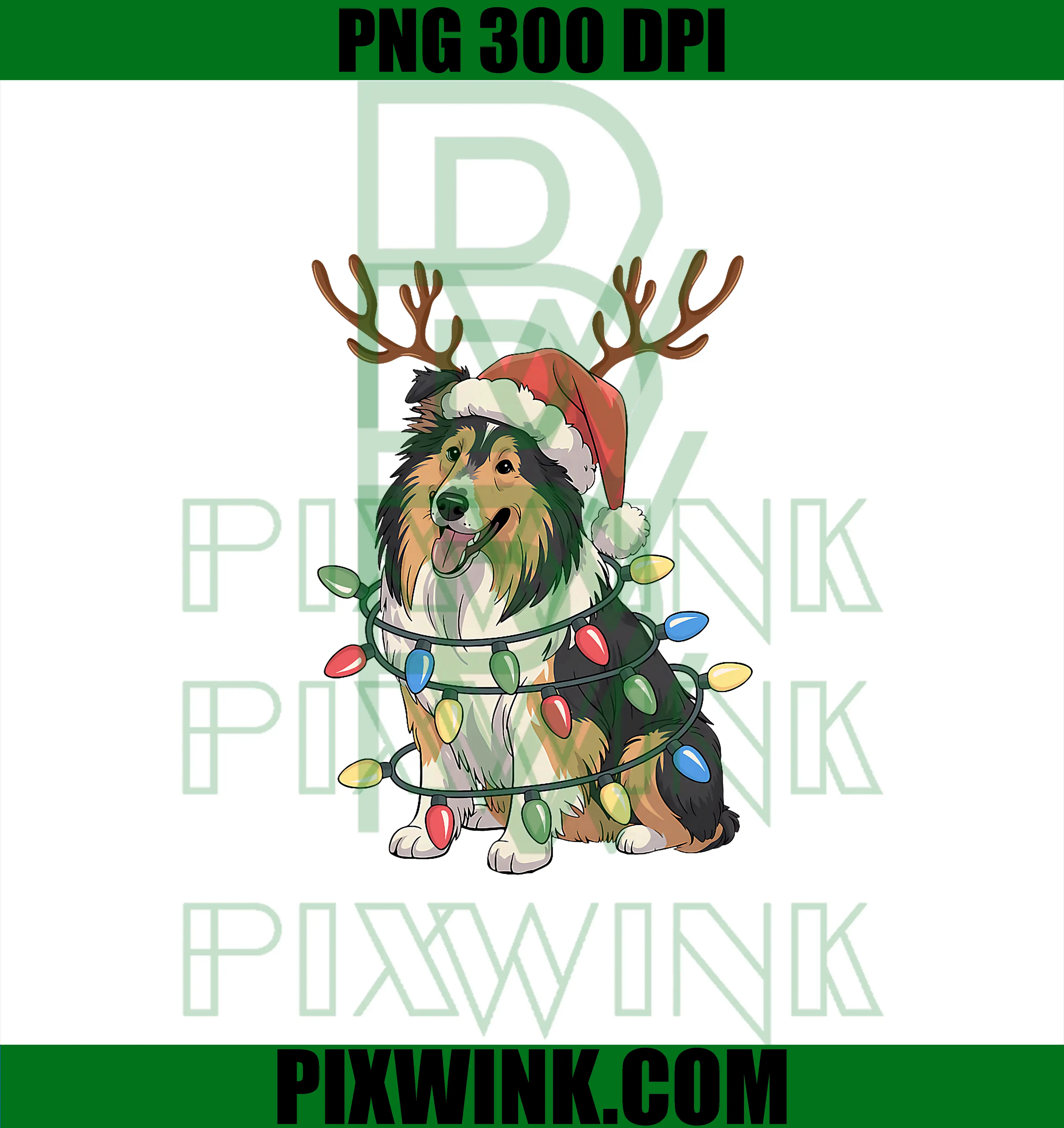 Rough Collie Dog PNG, Christmas Lights PNG, Santa Reindeer Xmas Dogs PNG