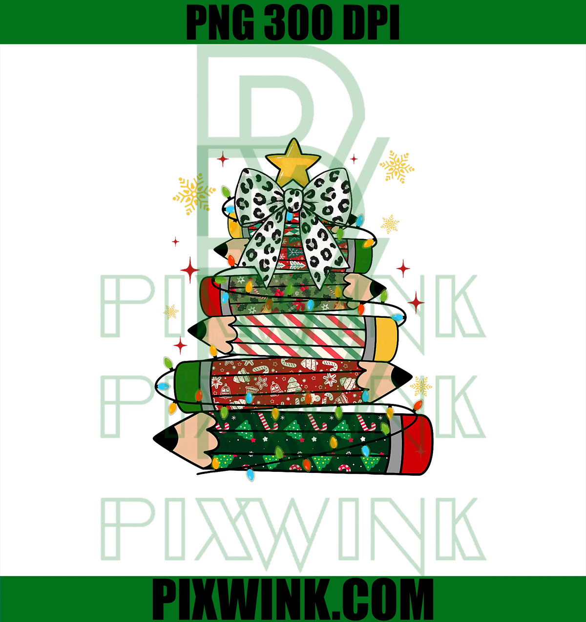 Teacher Christmas Tree Lights PNG, Pencil Leopard Print Cute Bow PNG