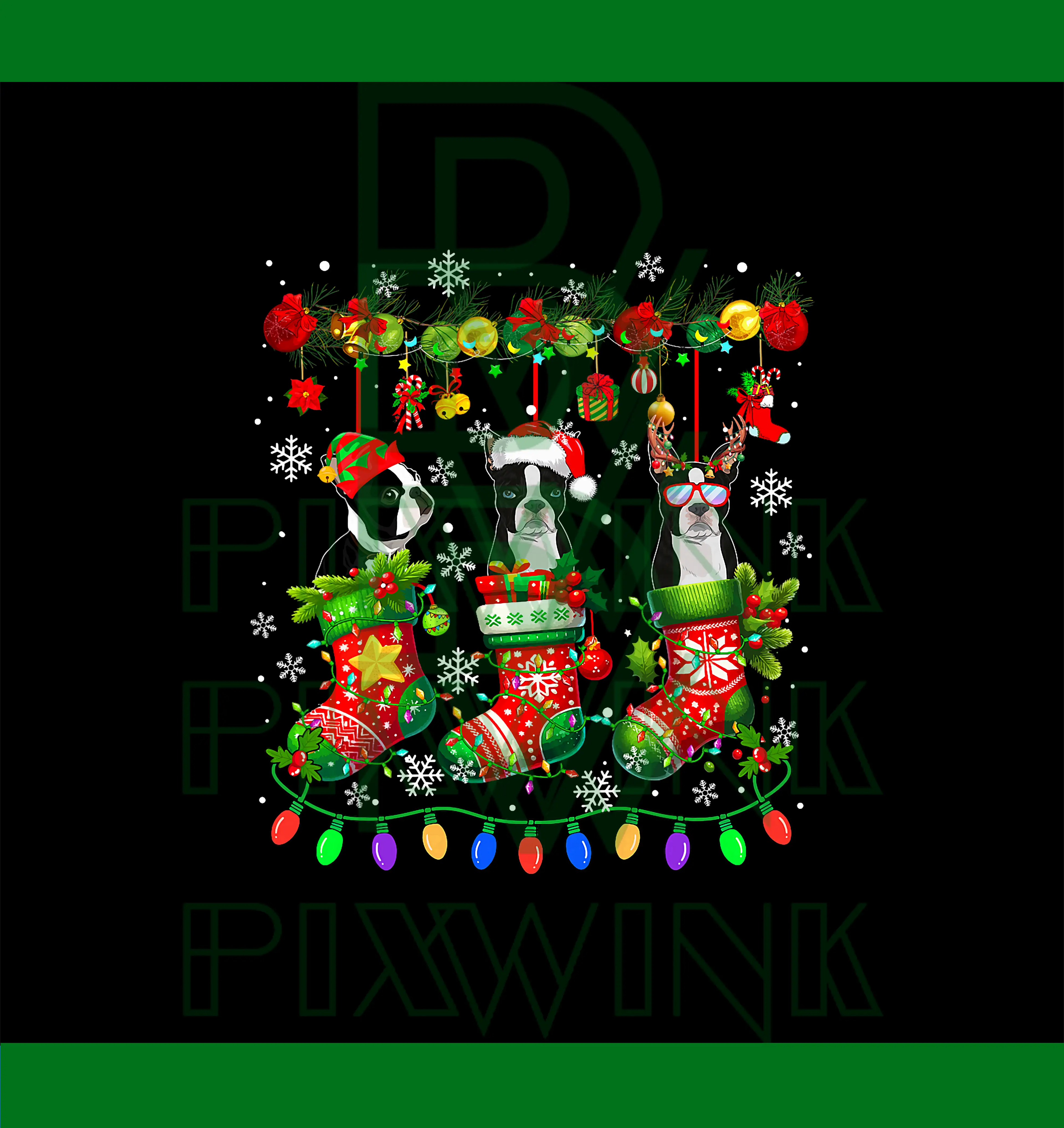 Three Santa Elf Boston PNG, Terriers In Colorful Christmas Socks PNG