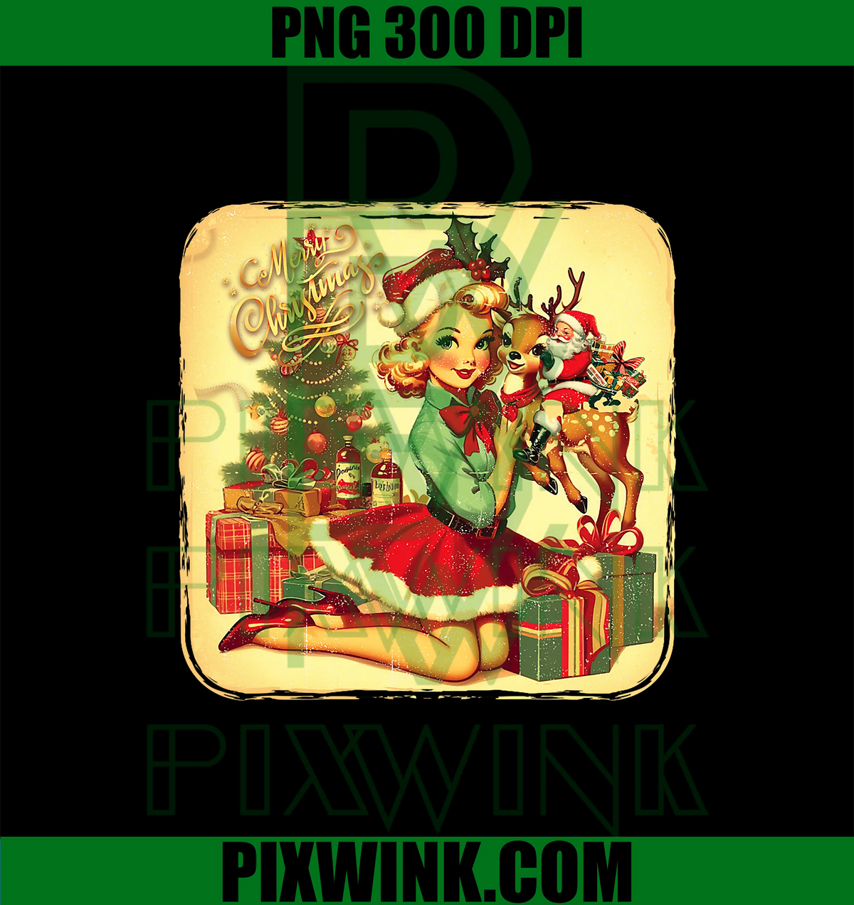Vintage Pin Up Little Girl PNG, Reindeer Retro 1950S Christmas PNG