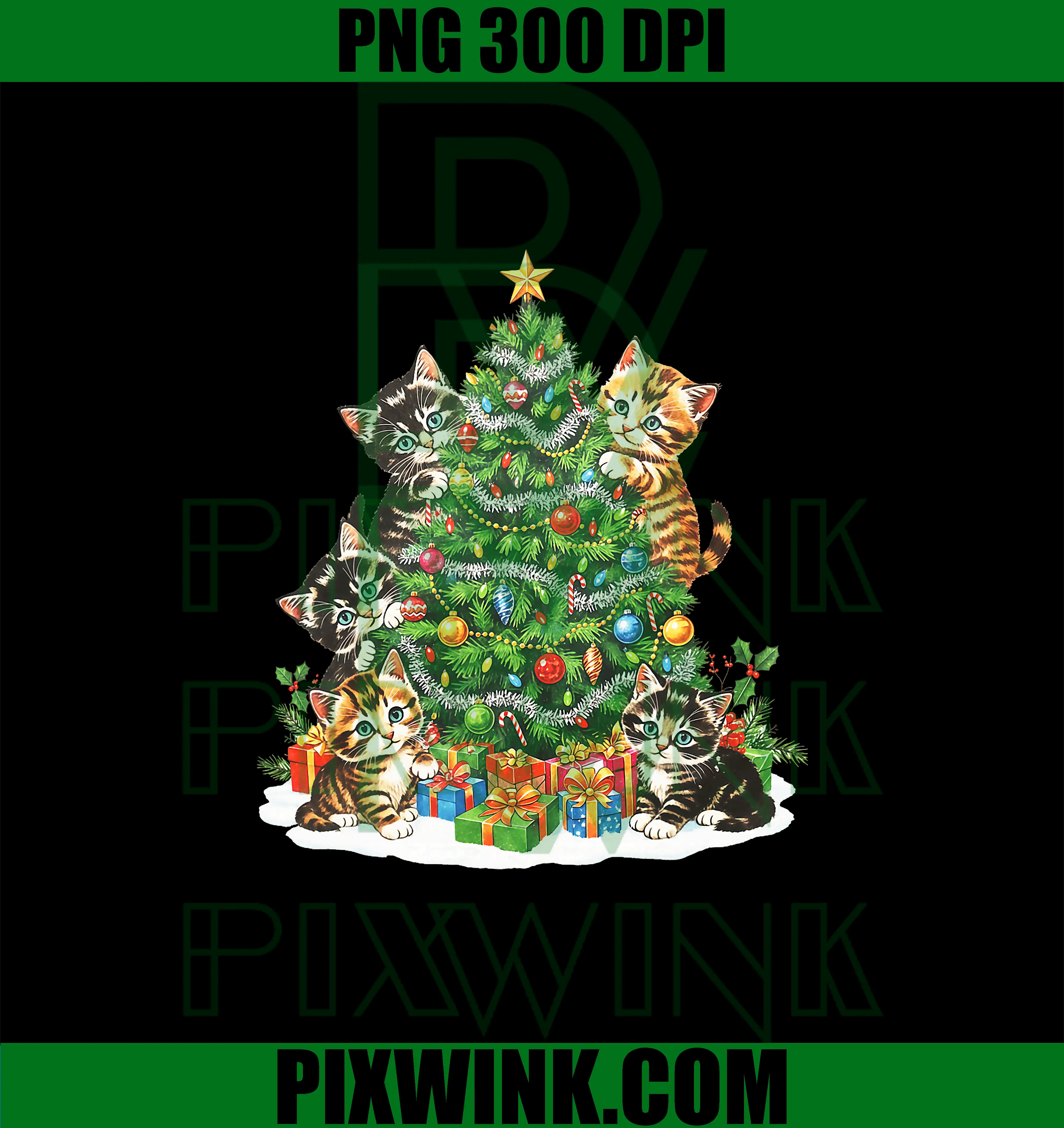 Vintage Cat Christmas Tree PNG, Cute Kitten Holiday Art PNG