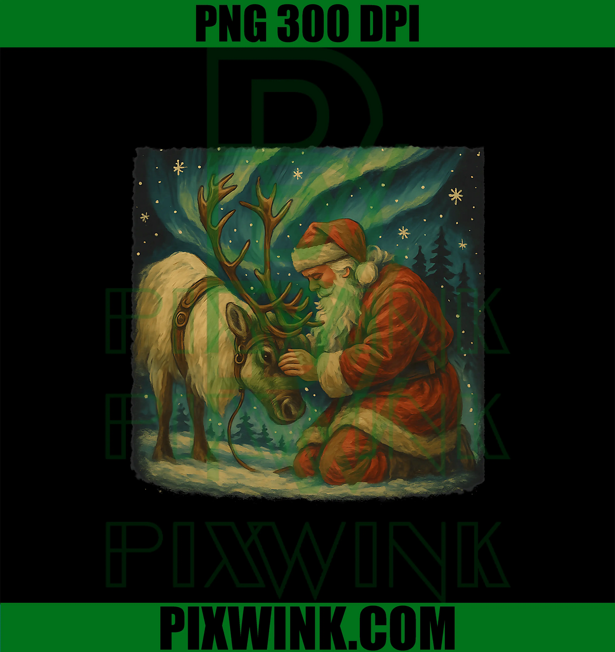 Vintage Santa And Reindeer PNG, Christmas Night Scene PNG
