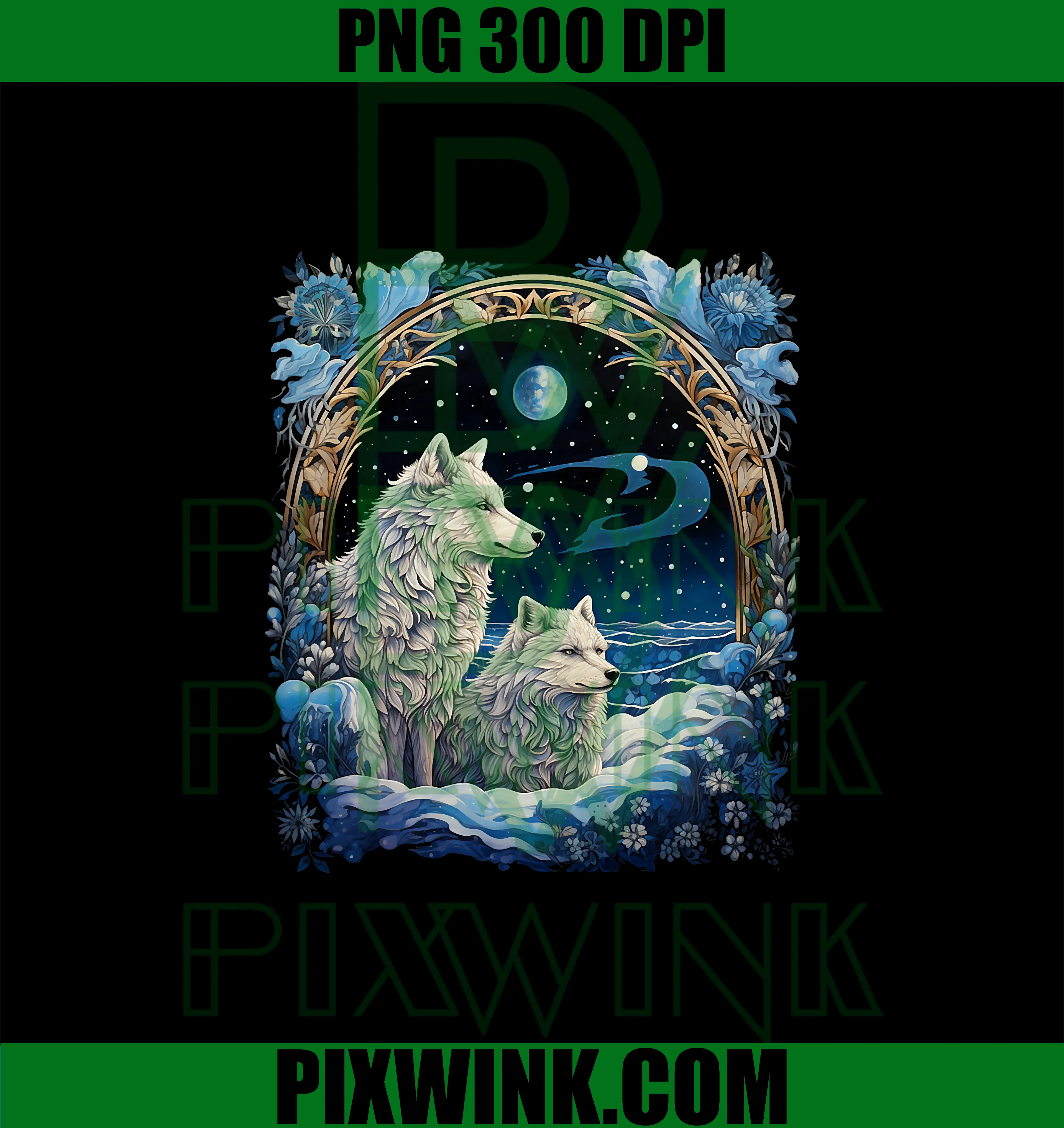 Winter Wolves Peaceful Snowscape PNG, Portrait Art Noveau PNG