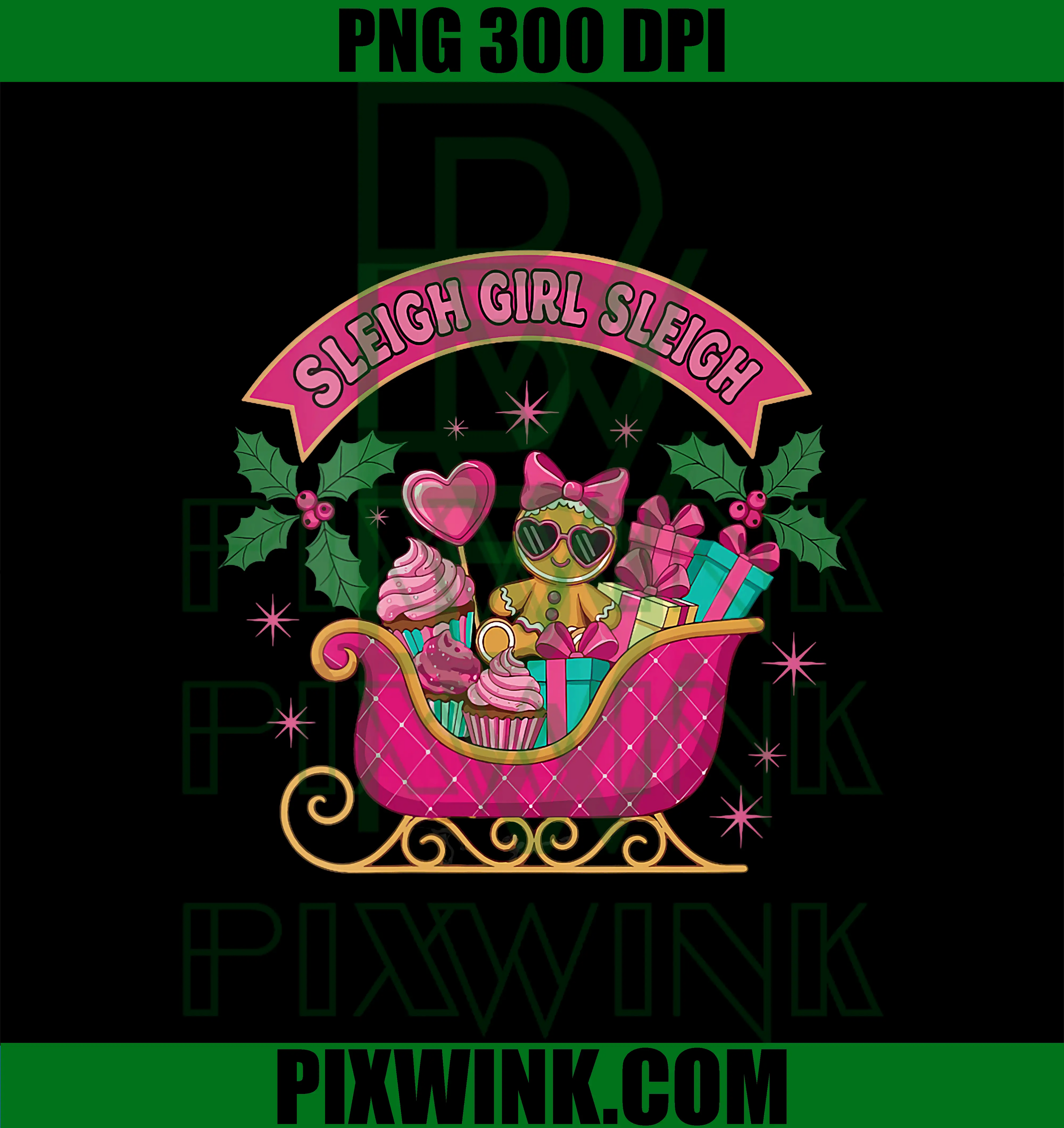 Groovy Pink Christmas Candy PNG, Sleigh Girl Gingerbread Holiday PNG