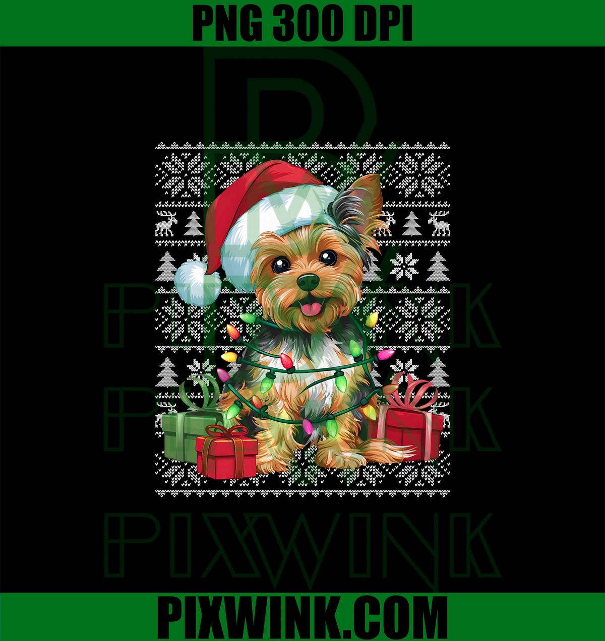 Yorkie Dog Christmas Lights PNG, Ugly Santa Puppy PNG