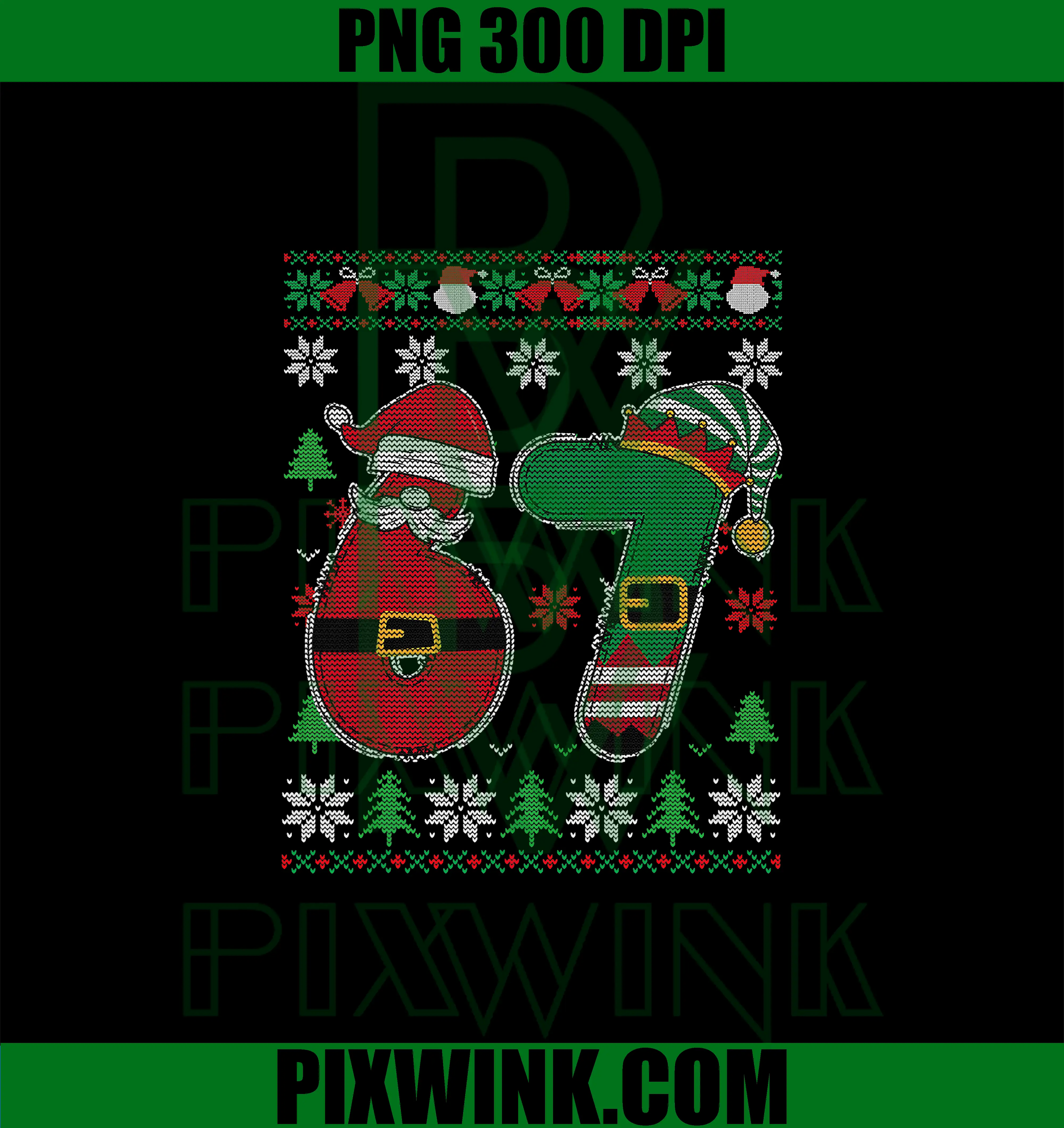Six Seven 67 Ugly Christmas PNG, Santa And Elf Knit Style PNG