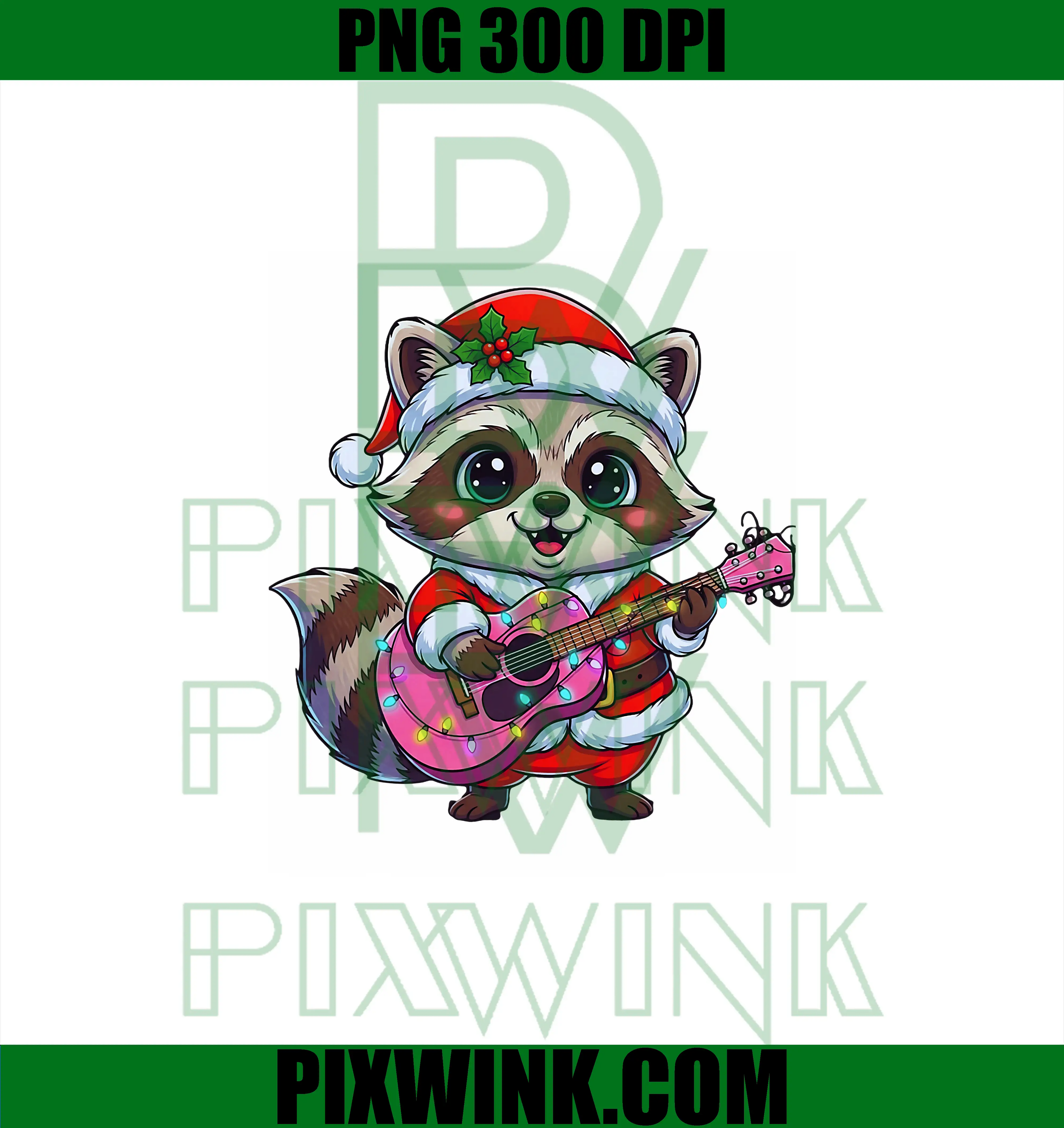 Cute Christmas Raccoon Playing Guitar PNG, Festive Raccoon Music Holiday PNG